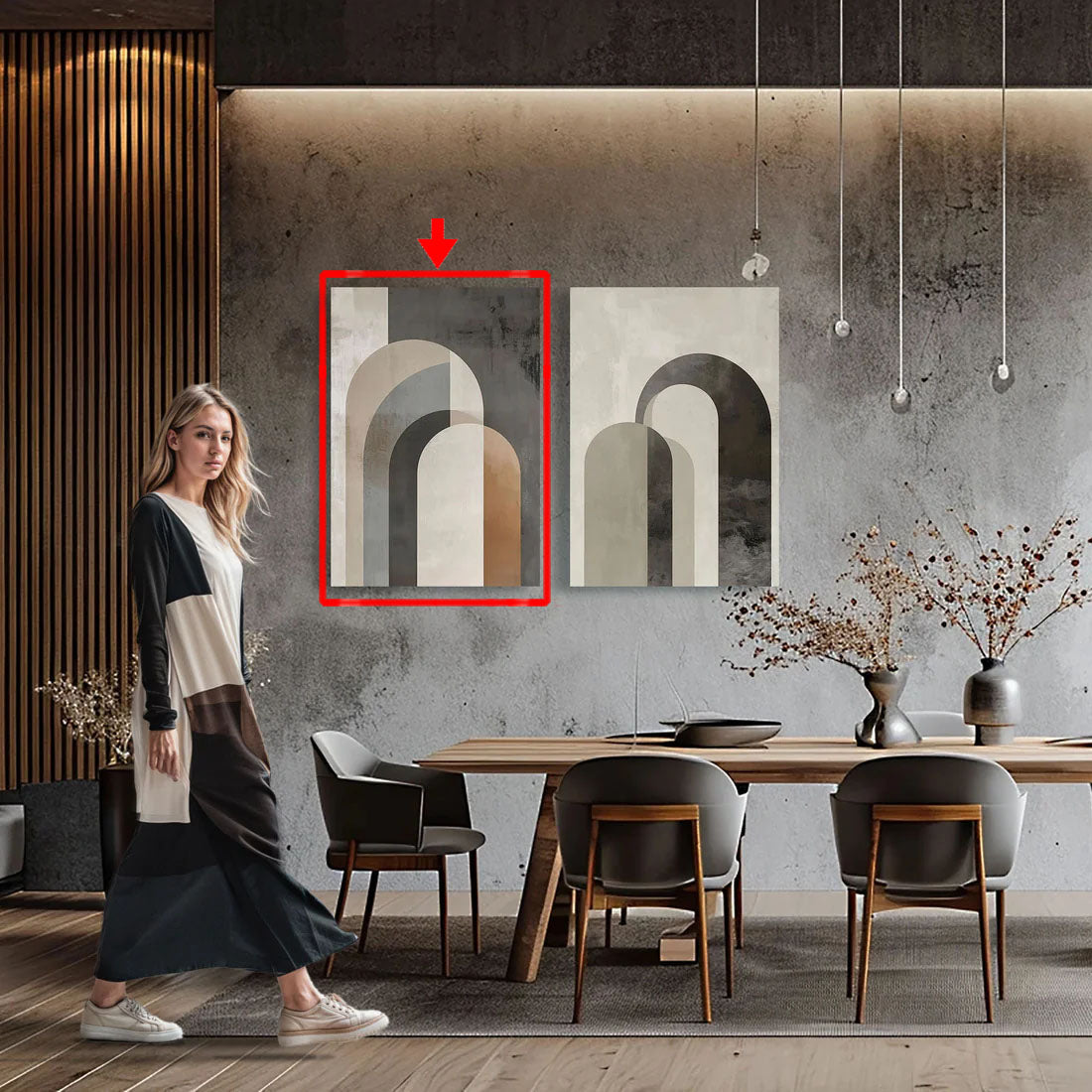 Arte abstracto con diseño geométrico de arcos en tonos beige, gris y marrón.