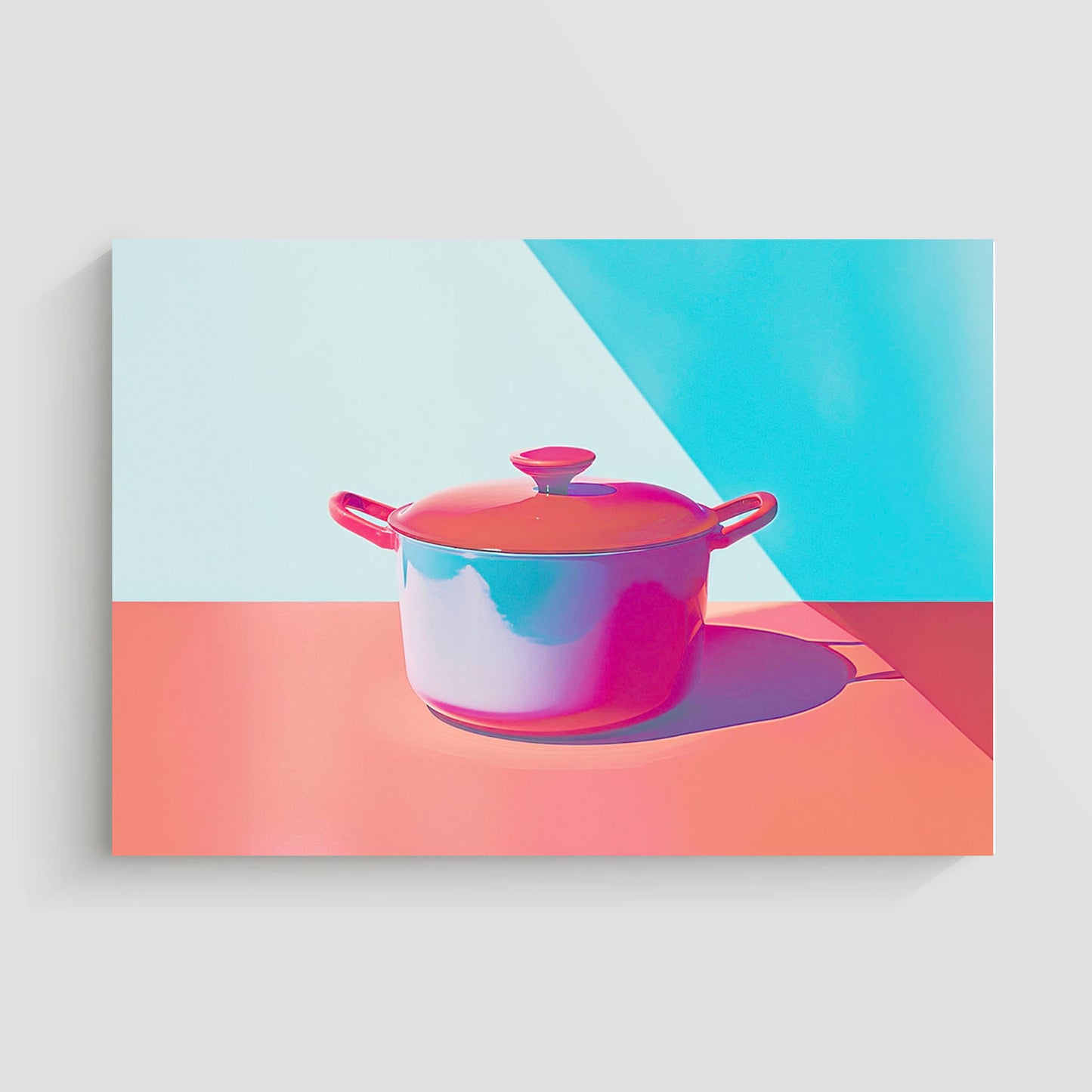 Imagen vibrante de una olla de cocina en tonos brillantes de rojo, azul y rosa.