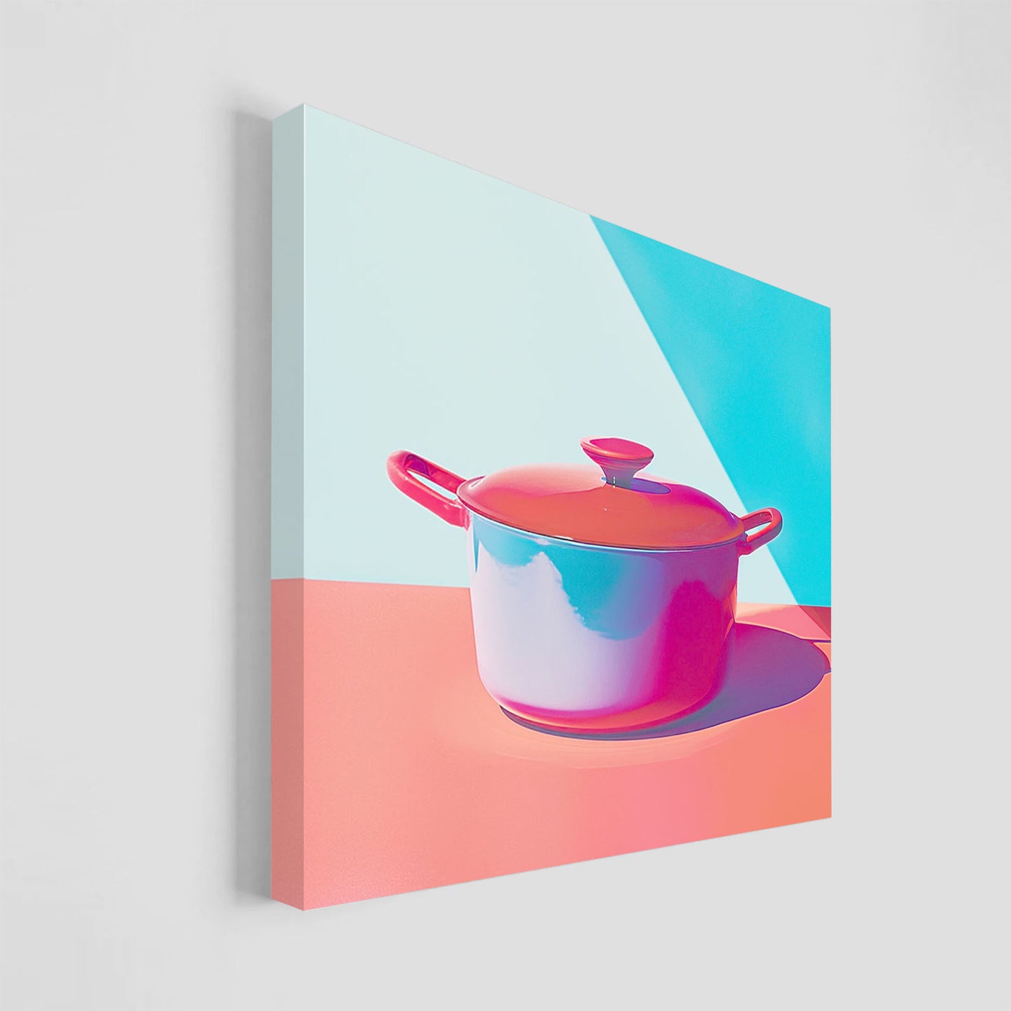 Imagen vibrante de una olla de cocina en tonos brillantes de rojo, azul y rosa.