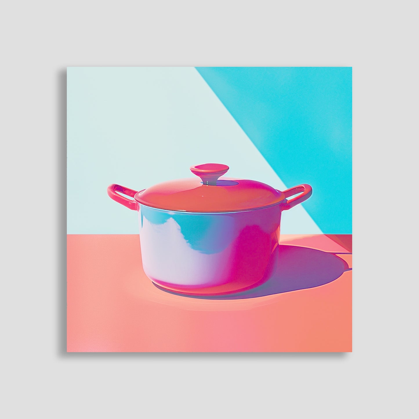 Imagen vibrante de una olla de cocina en tonos brillantes de rojo, azul y rosa.
