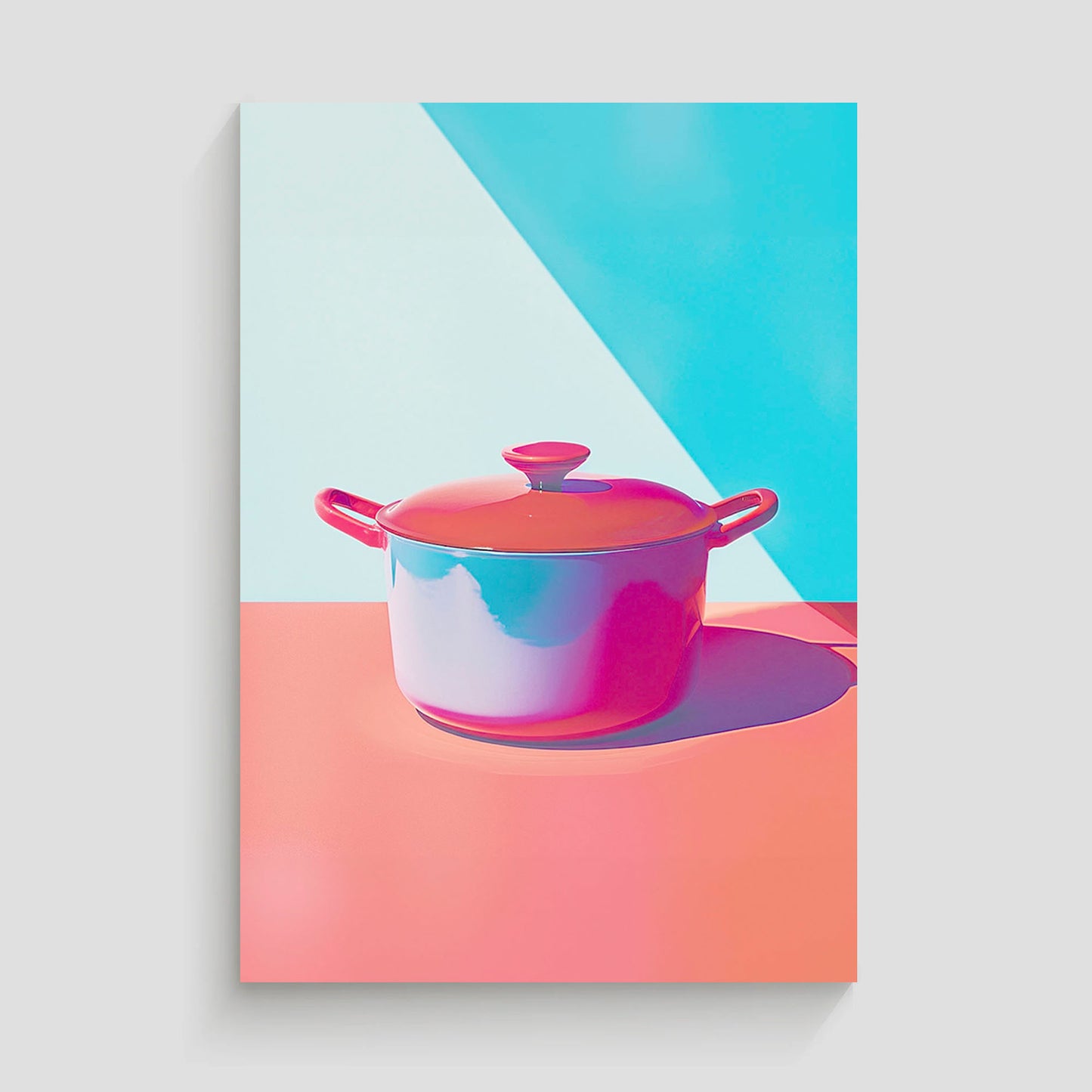 Imagen vibrante de una olla de cocina en tonos brillantes de rojo, azul y rosa.