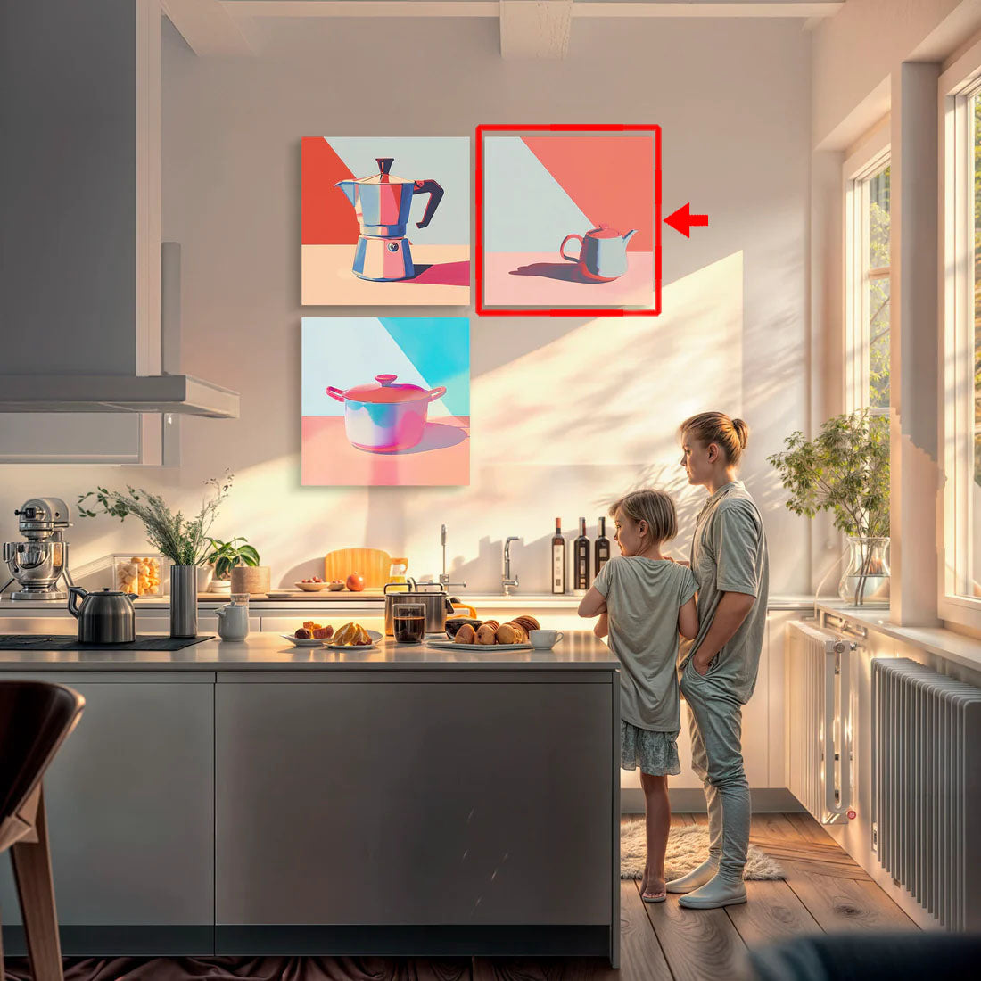 Imagen moderna de una tetera en tonos vibrantes de rojo, azul y rosa.