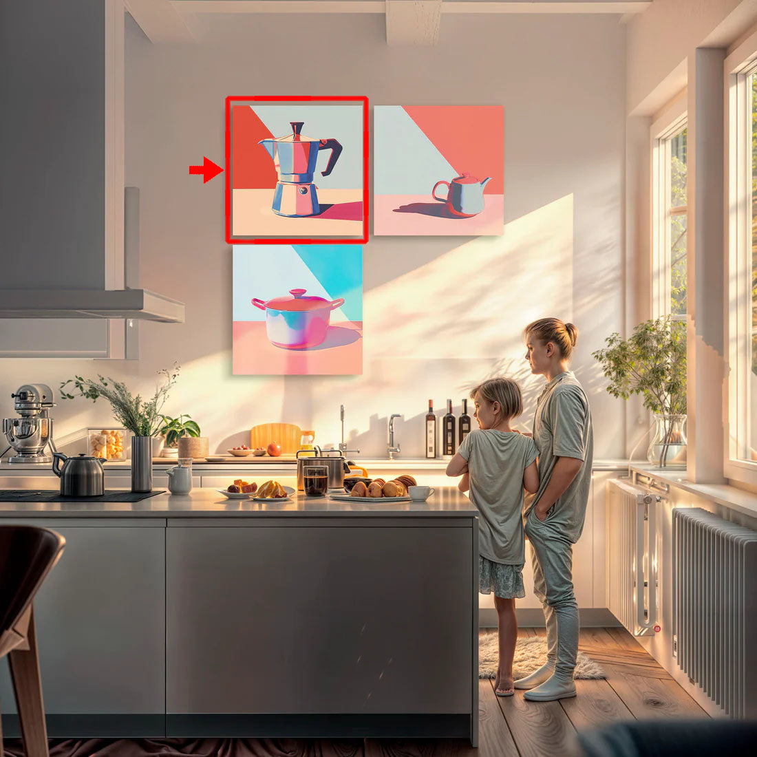 Imagen vibrante de una cafetera italiana Moka en tonos brillantes de rojo, azul y beige