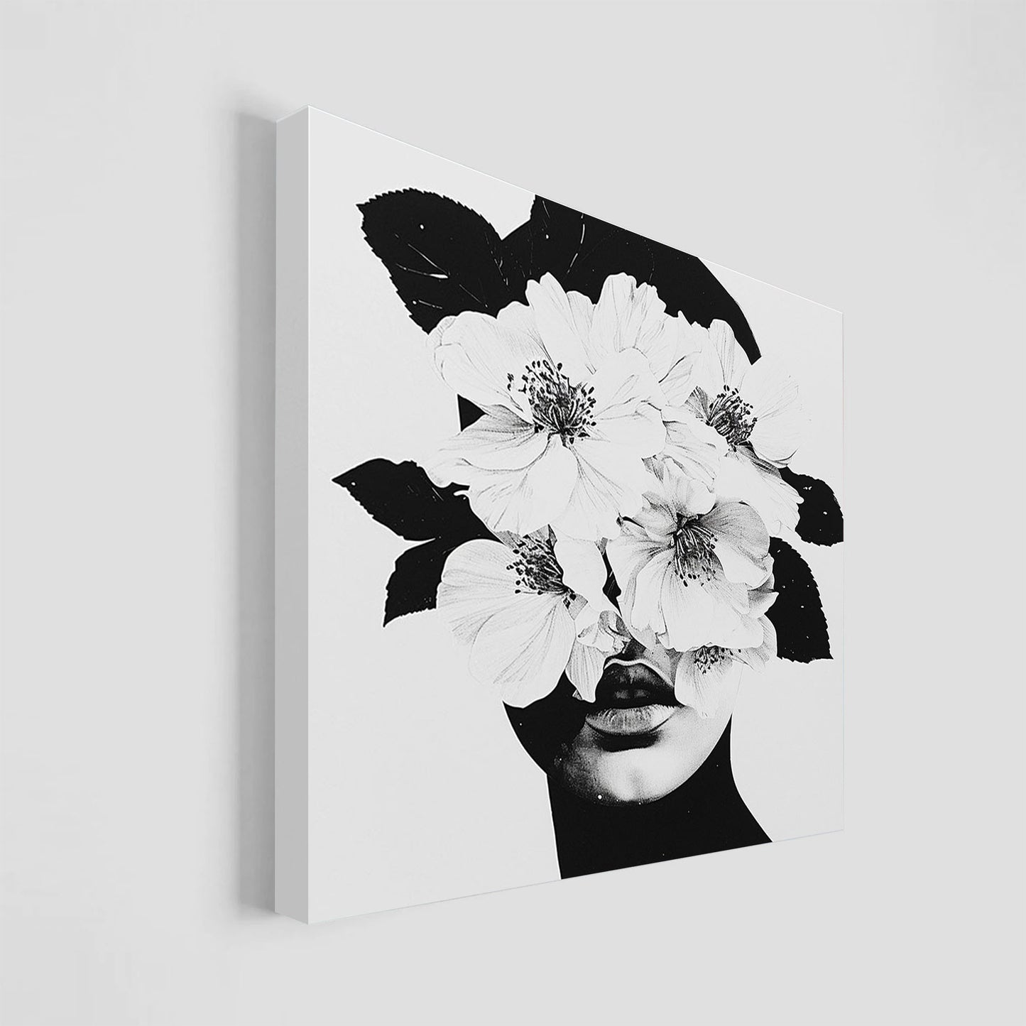 Imagen en blanco y negro de un rostro humano combinado con flores delicadas.