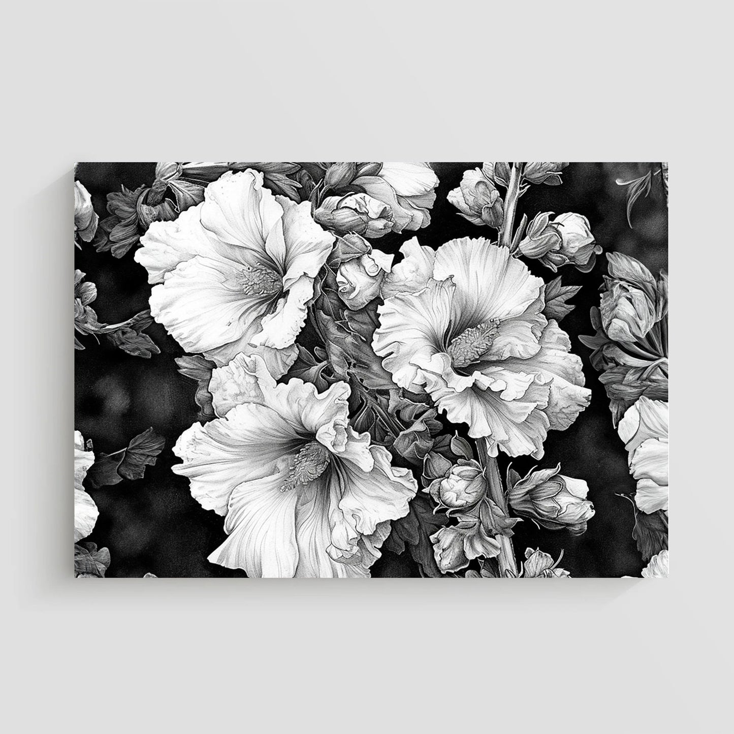 Imagen en blanco y negro de un ramo de flores, mostrando detallados pétalos y hojas con un sombreado artístico, destacando el contraste entre las flores y el fondo oscuro.