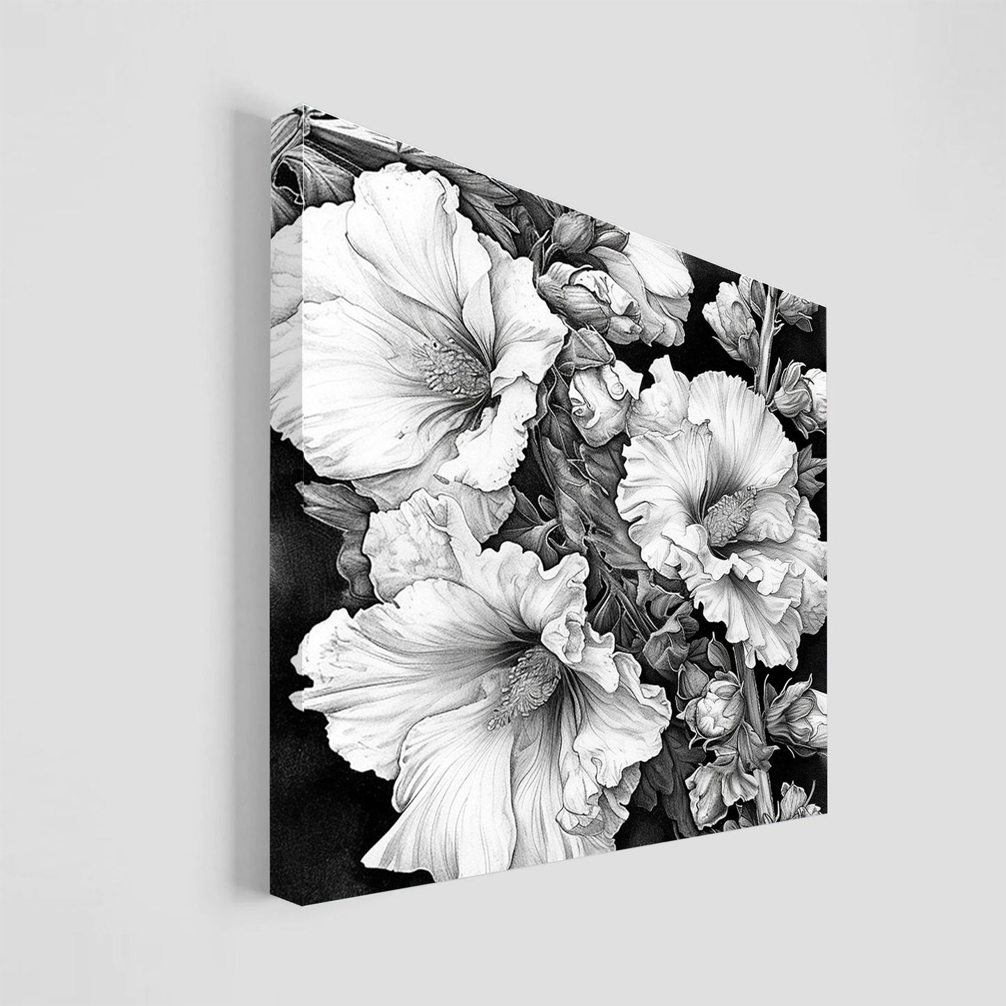 Imagen en blanco y negro de un ramo de flores, mostrando detallados pétalos y hojas con un sombreado artístico, destacando el contraste entre las flores y el fondo oscuro.