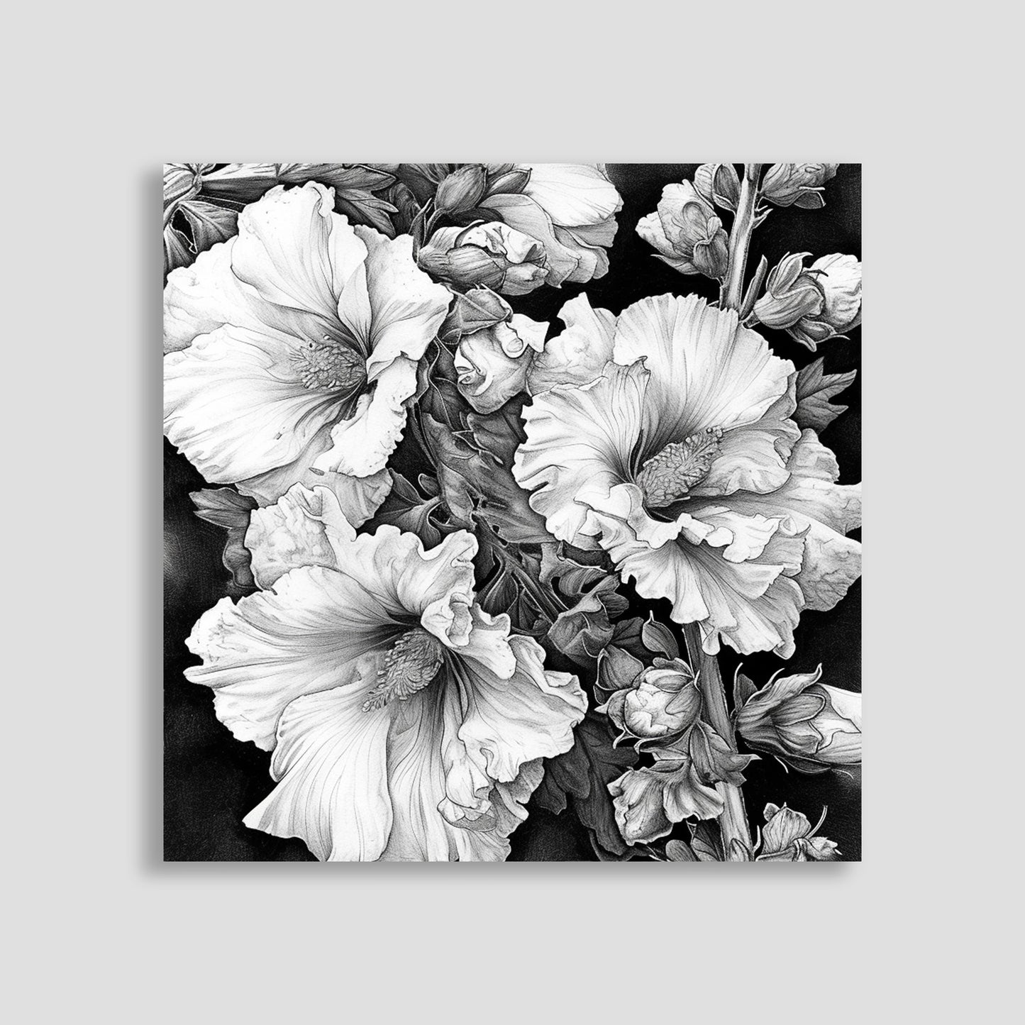 Imagen en blanco y negro de un ramo de flores, mostrando detallados pétalos y hojas con un sombreado artístico, destacando el contraste entre las flores y el fondo oscuro.