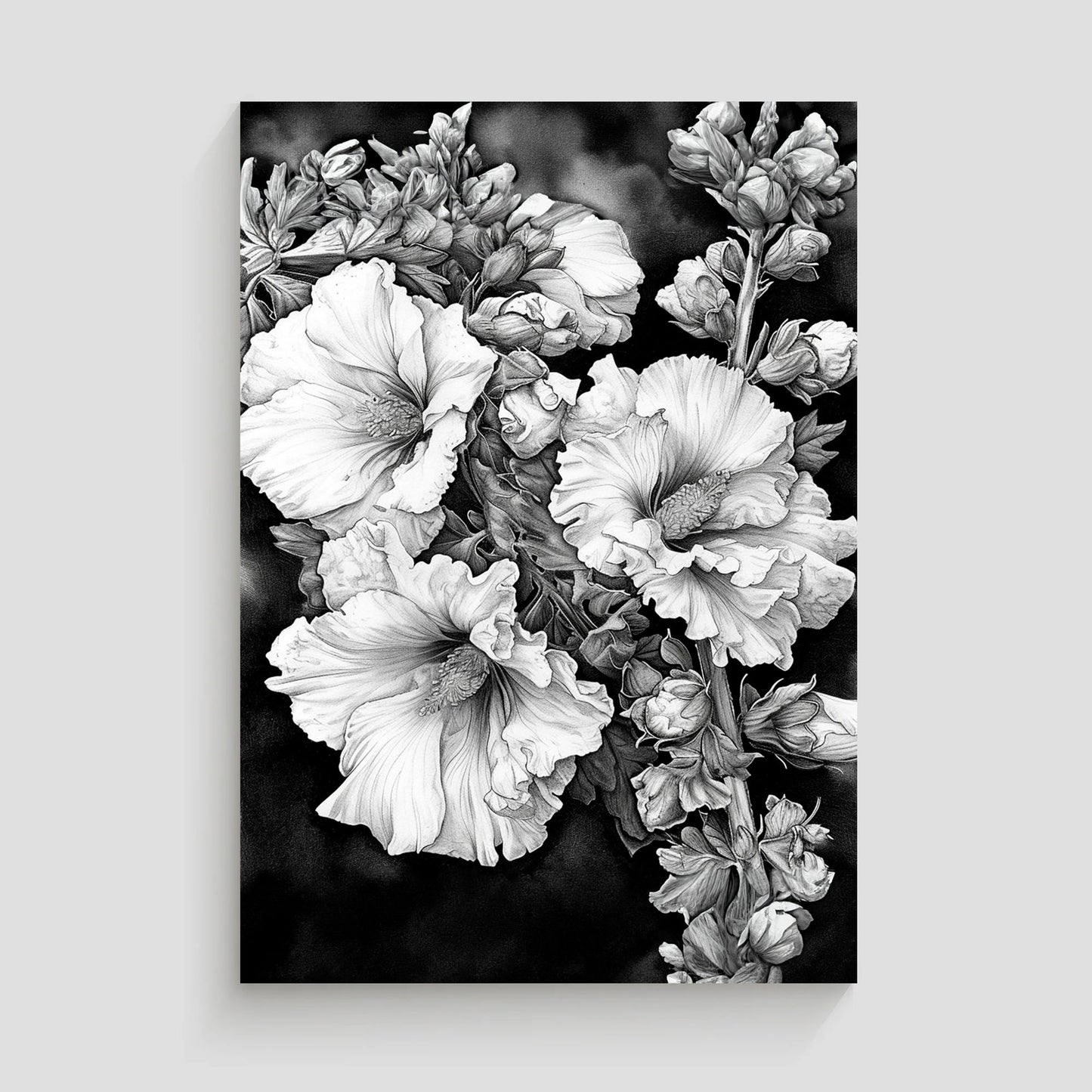 Imagen en blanco y negro de un ramo de flores, mostrando detallados pétalos y hojas con un sombreado artístico, destacando el contraste entre las flores y el fondo oscuro.