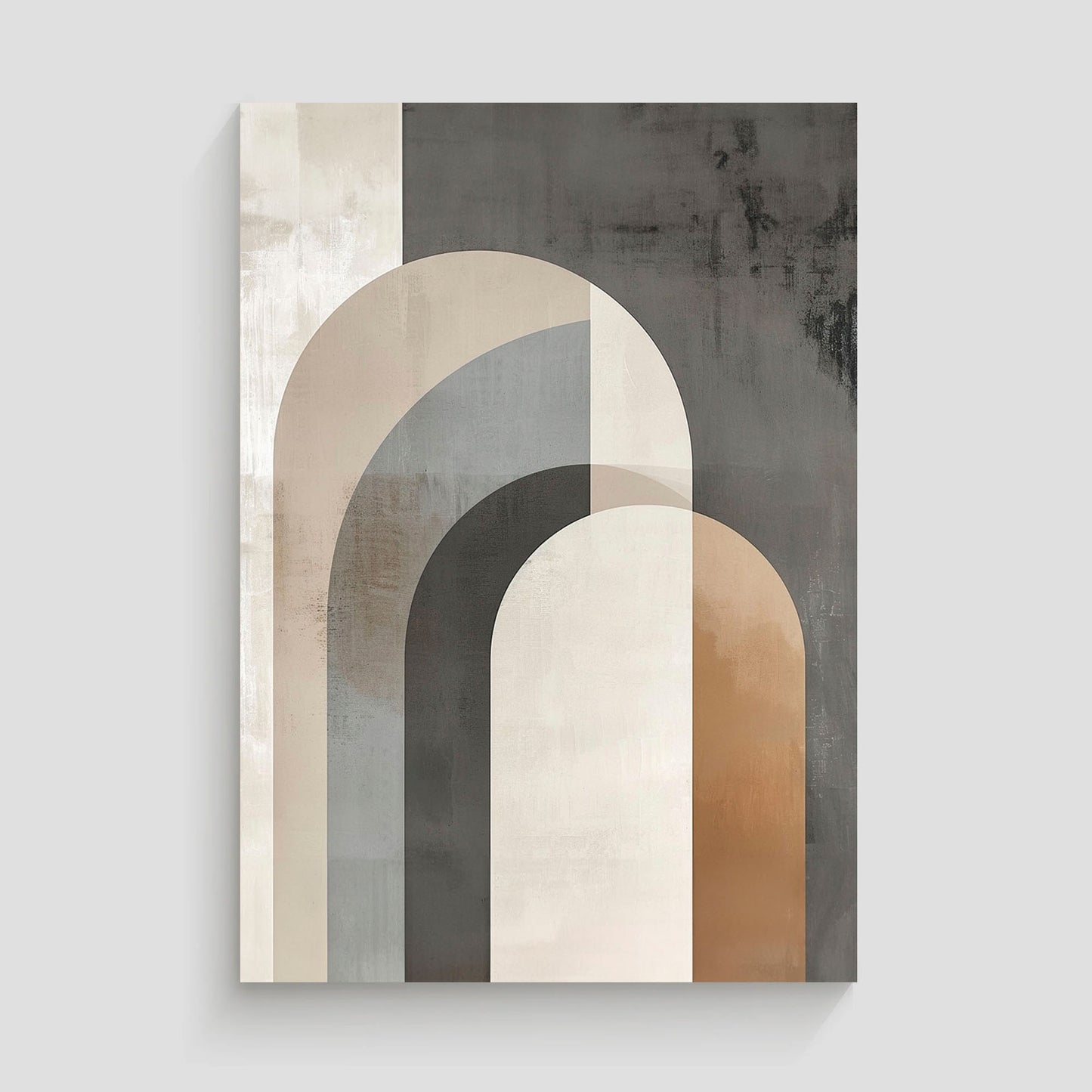 Arte abstracto con diseño geométrico de arcos en tonos beige, gris y marrón.