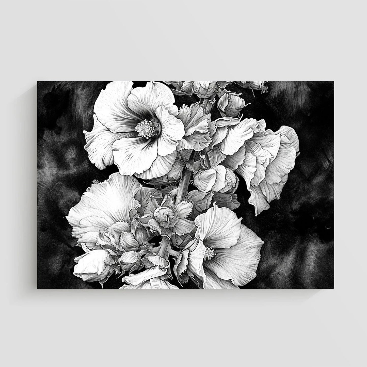 Imagen en blanco y negro de un ramo de flores, mostrando detallados pétalos y hojas con un sombreado artístico, destacando el contraste entre las flores y el fondo oscuro.