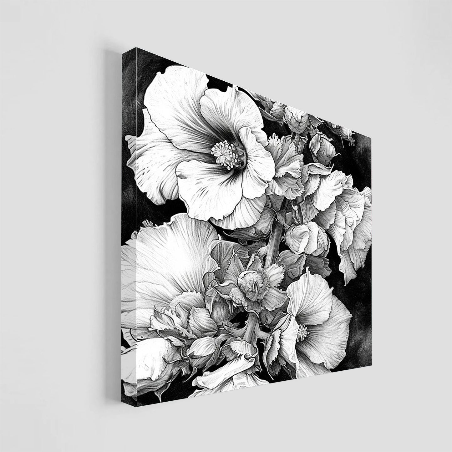 Imagen en blanco y negro de un ramo de flores, mostrando detallados pétalos y hojas con un sombreado artístico, destacando el contraste entre las flores y el fondo oscuro.