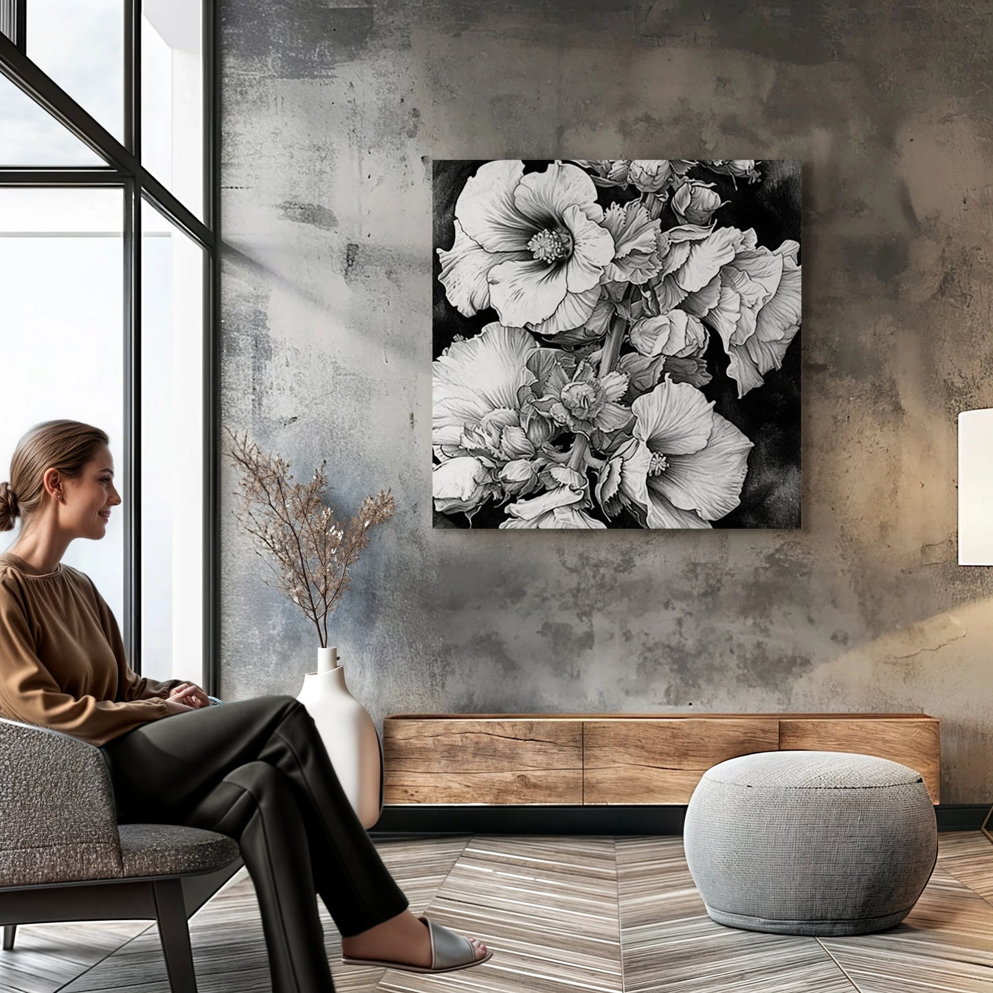 Imagen en blanco y negro de un ramo de flores, mostrando detallados pétalos y hojas con un sombreado artístico, destacando el contraste entre las flores y el fondo oscuro.