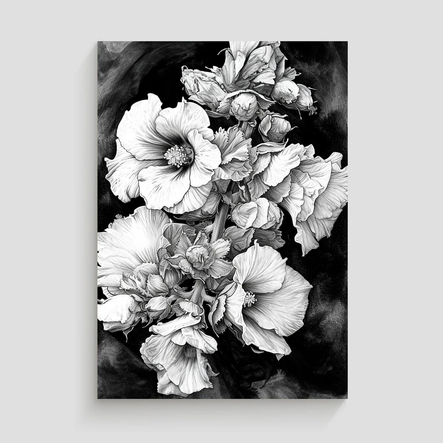 Imagen en blanco y negro de un ramo de flores, mostrando detallados pétalos y hojas con un sombreado artístico, destacando el contraste entre las flores y el fondo oscuro.