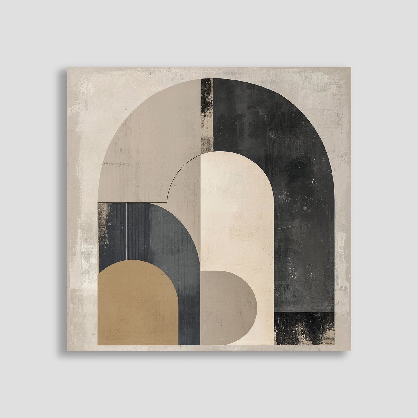 Arte abstracto con diseño geométrico de arcos y formas semicirculares en tonos beige, gris y marrón.