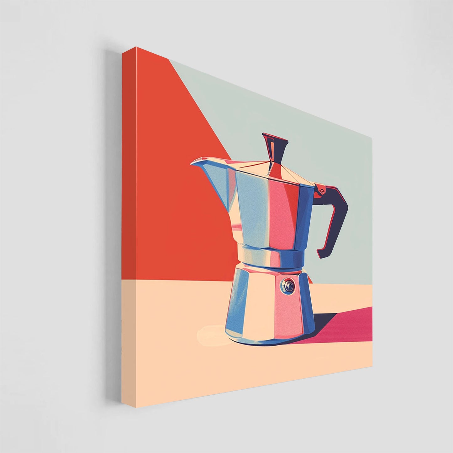 Imagen vibrante de una cafetera italiana Moka en tonos brillantes de rojo, azul y beige