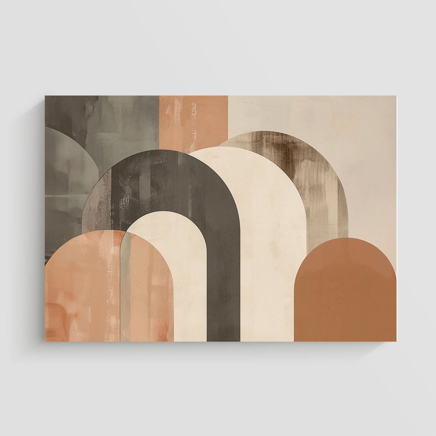 Arte abstracto con diseño geométrico de arcos y formas semicirculares en beige, gris y negro.