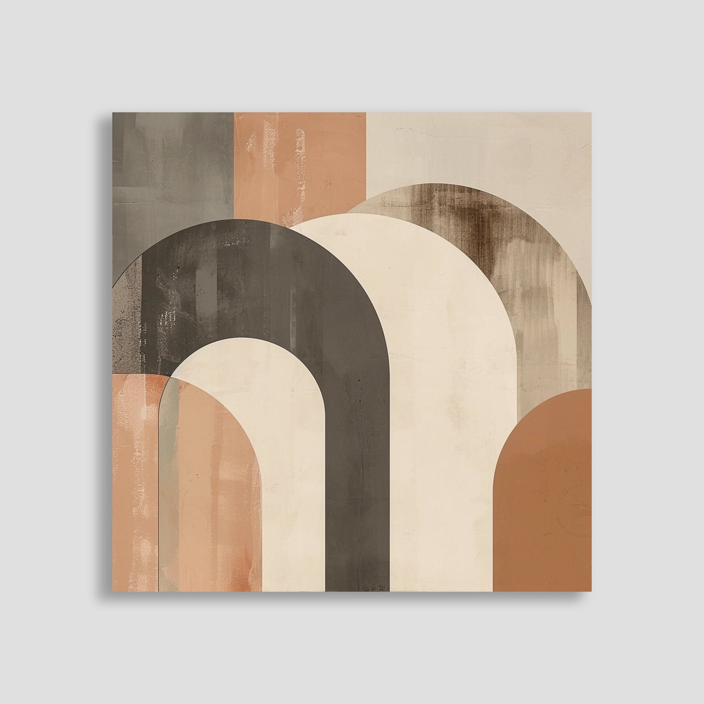 Arte abstracto con diseño geométrico de arcos y formas semicirculares en beige, gris y negro.