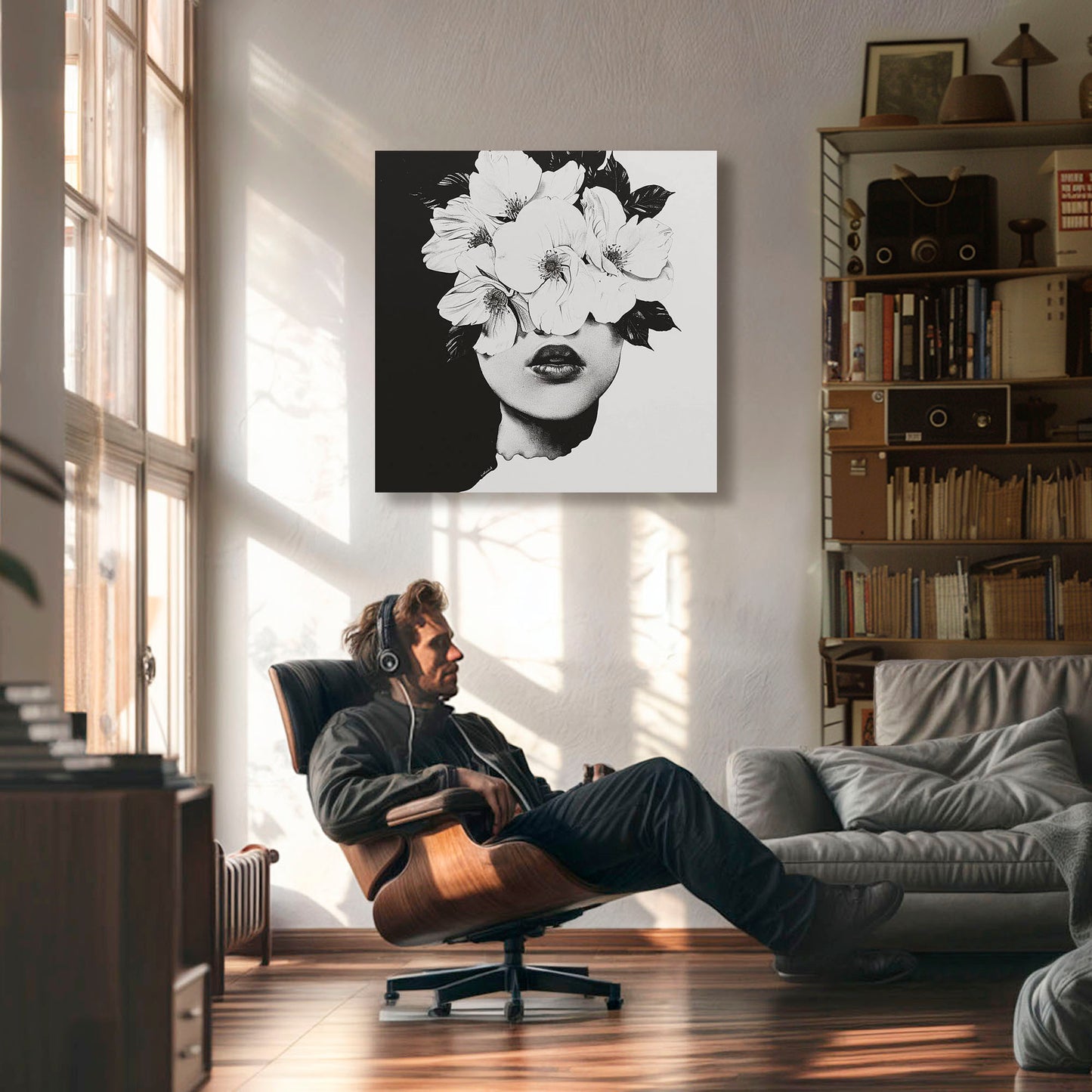 Imagen en blanco y negro de un rostro humano fusionado con flores delicadas
