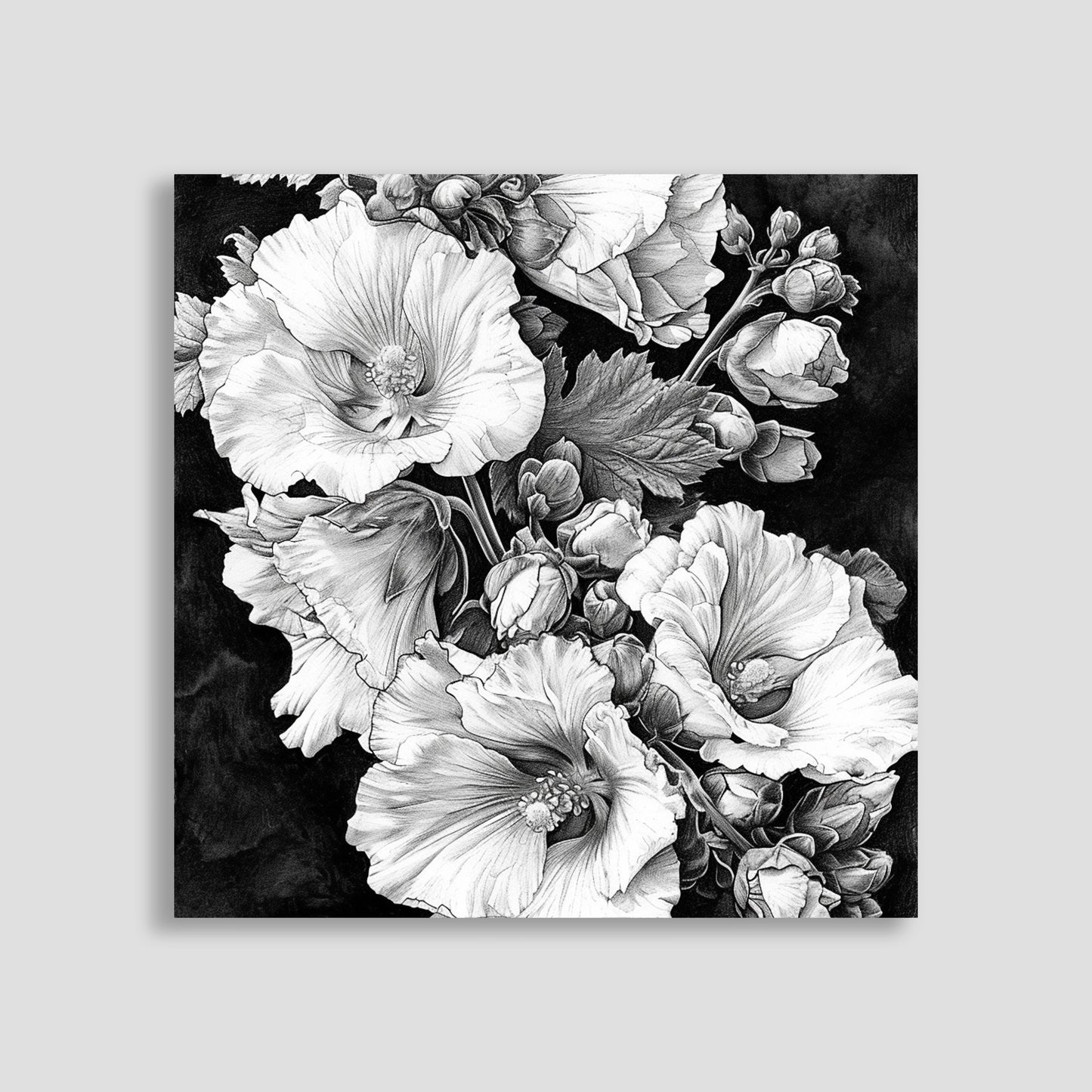 Imagen en blanco y negro de un ramo de flores, mostrando detallados pétalos y hojas con un sombreado artístico, destacando el contraste entre las flores y el fondo oscuro.