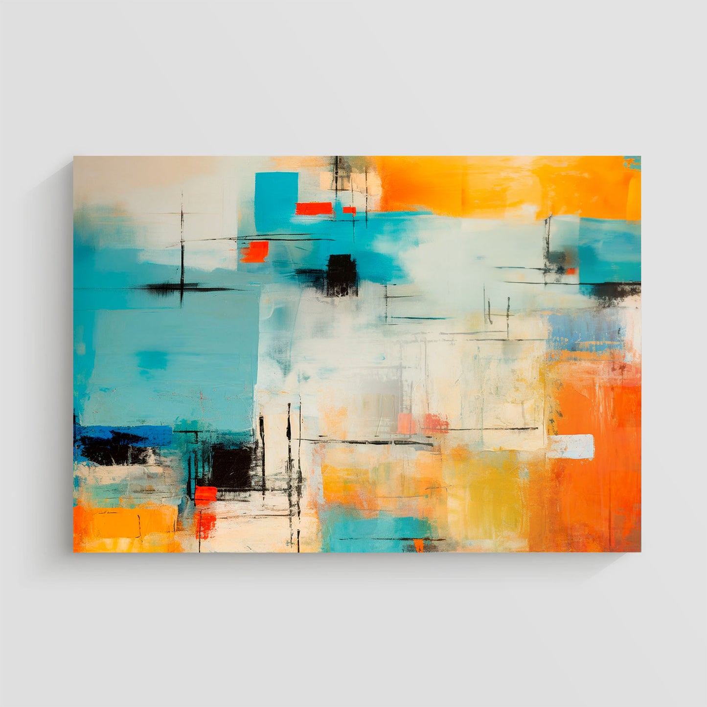 Arte abstracto con una combinación de colores vibrantes y formas geométricas en tonos de azul, naranja, rojo y negro.