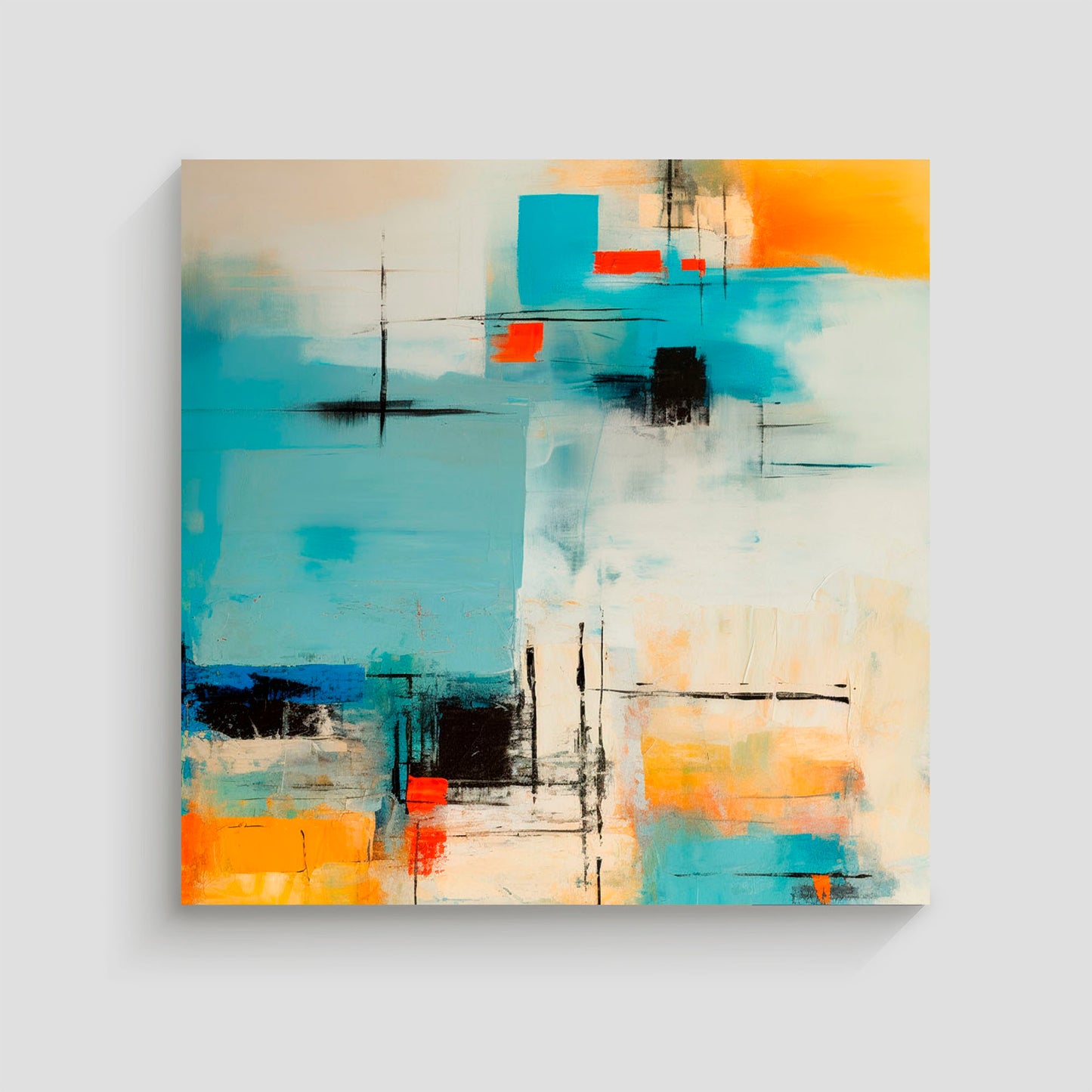 Arte abstracto con una combinación de colores vibrantes y formas geométricas en tonos de azul, naranja, rojo y negro.