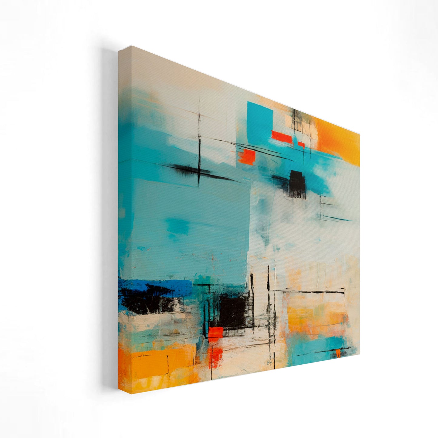Arte abstracto con una combinación de colores vibrantes y formas geométricas en tonos de azul, naranja, rojo y negro.