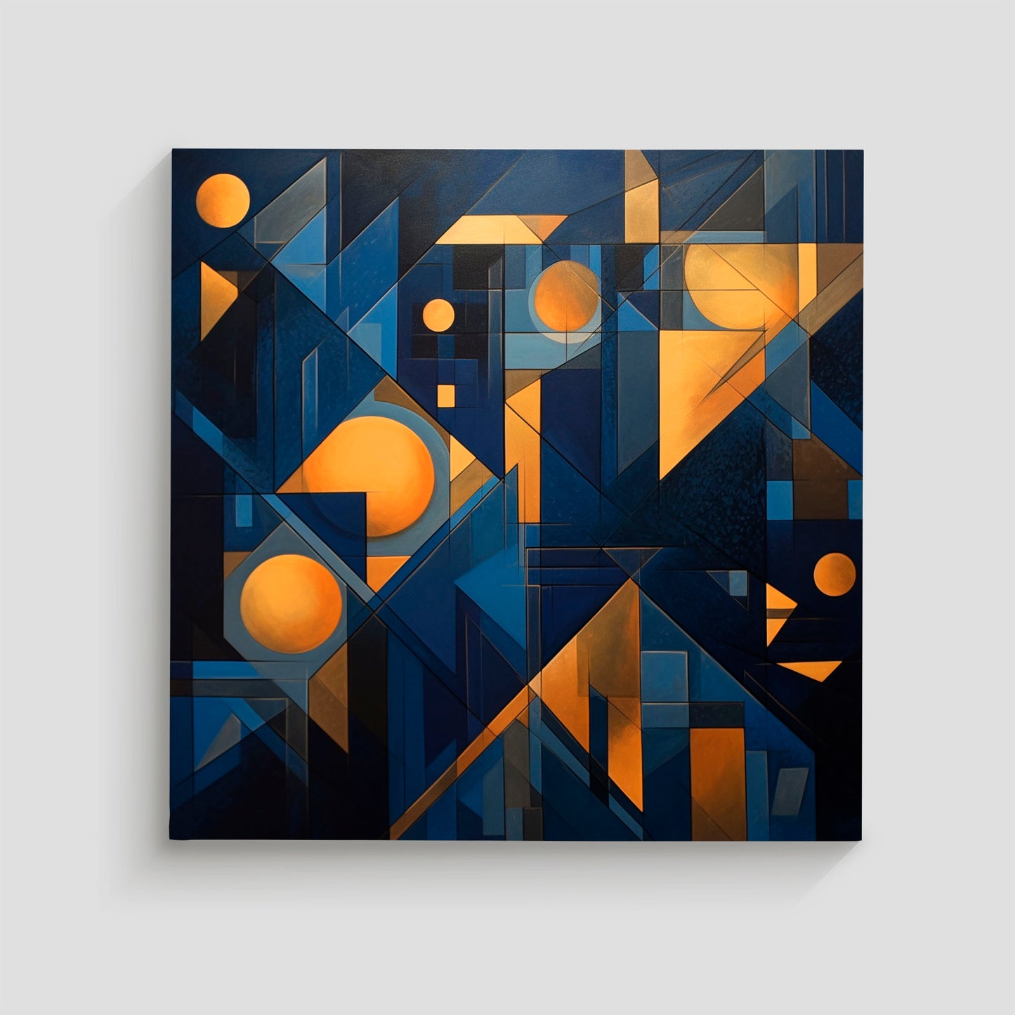 Elegante composición geométrica en tonos azul y dorado, combinando modernidad y sofisticación.