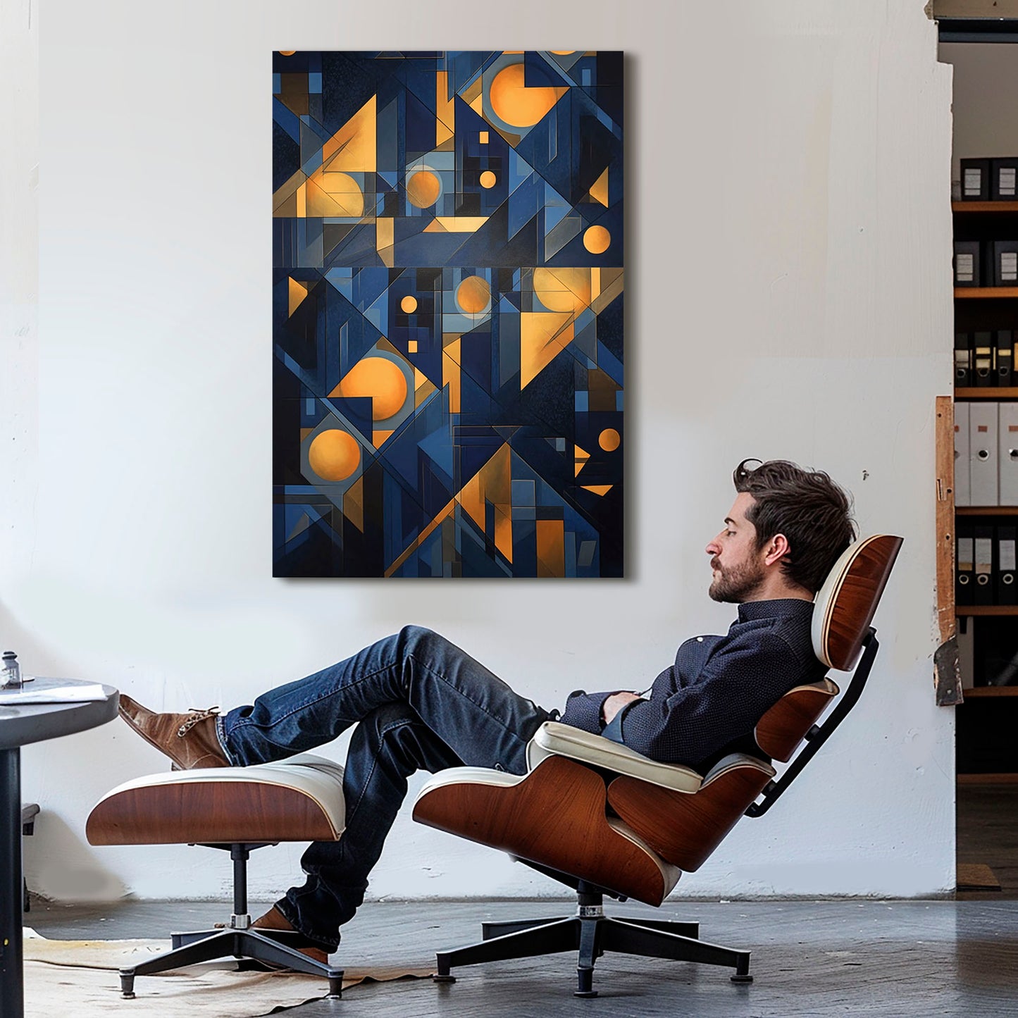 Elegante composición geométrica en tonos azul y dorado, combinando modernidad y sofisticación.