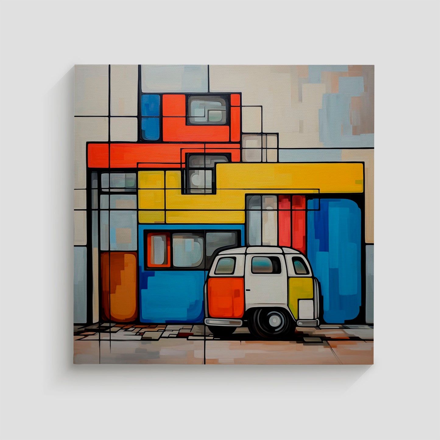 Cuadro decorativo modeArte abstracto de arquitectura con formas geométricas coloridas y una furgoneta vintage en primer plano.rno para el hogar y la oficina