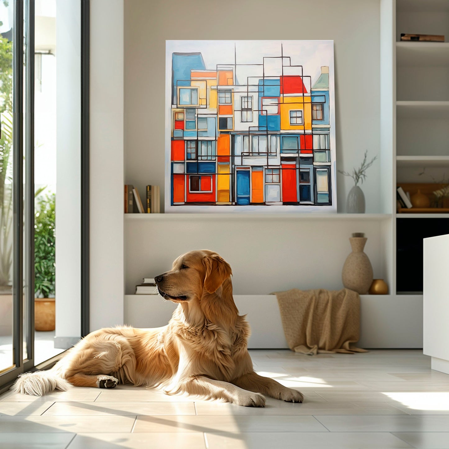 Ilustración abstracta de casas con formas geométricas y colores vibrantes, fusionando arte y arquitectura.