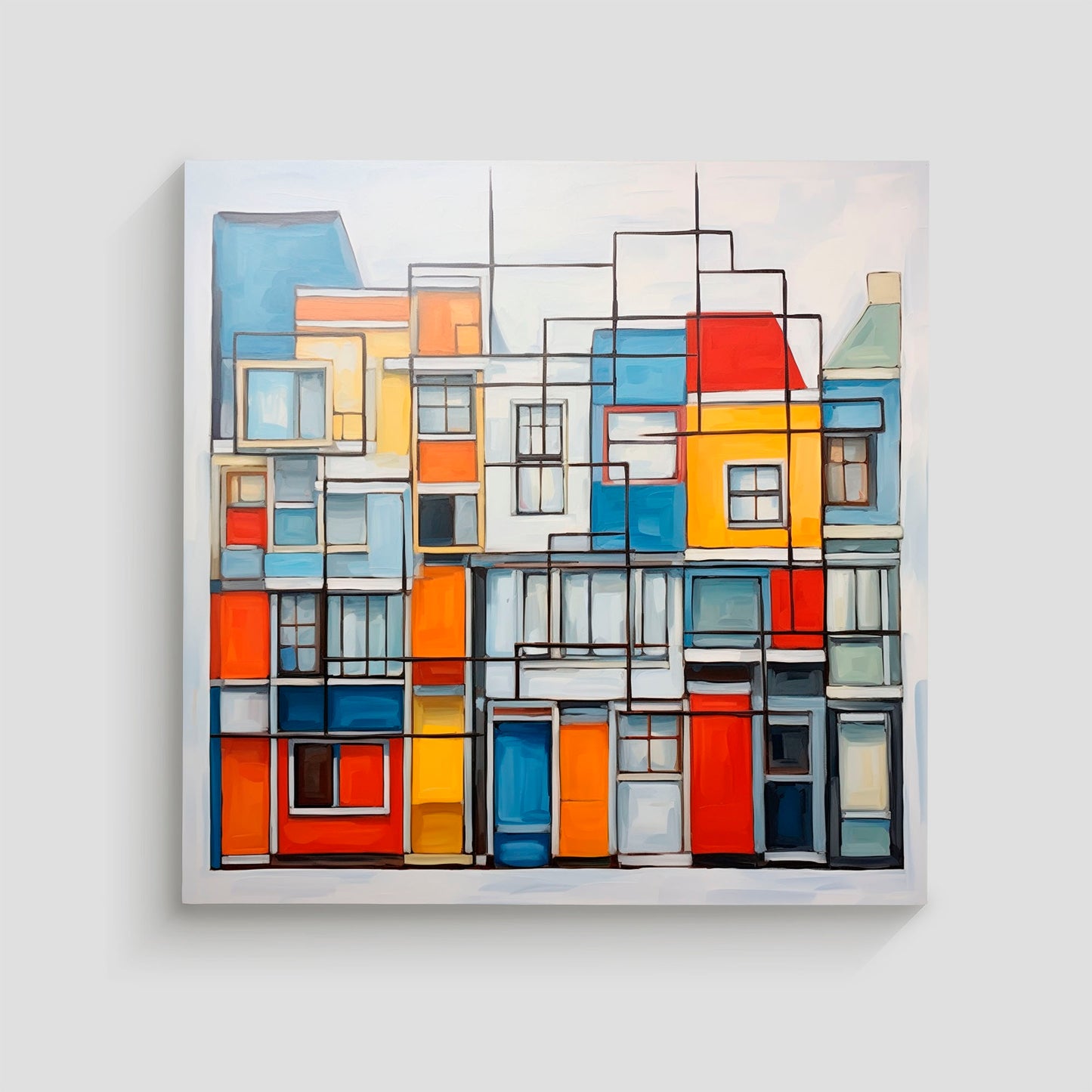 Ilustración abstracta de casas con formas geométricas y colores vibrantes, fusionando arte y arquitectura.