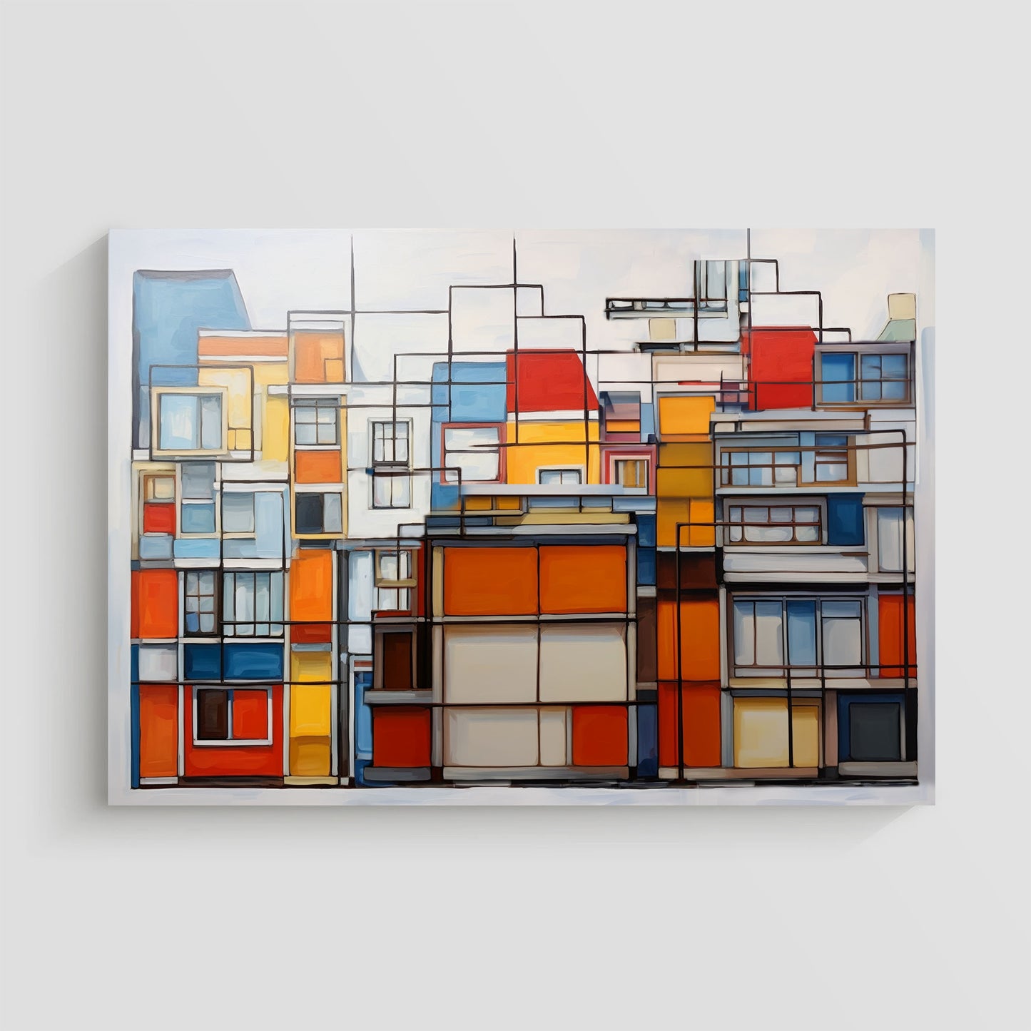 Ilustración abstracta de casas con formas geométricas y colores vibrantes, fusionando arte y arquitectura.