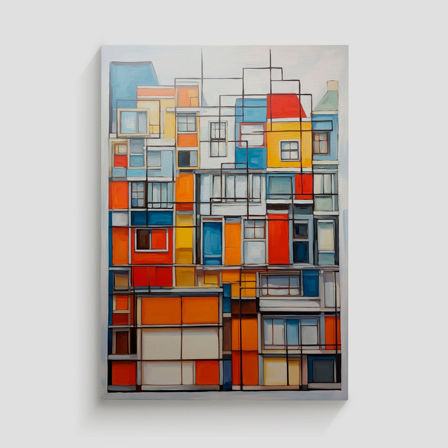 Ilustración abstracta de casas con formas geométricas y colores vibrantes, fusionando arte y arquitectura.