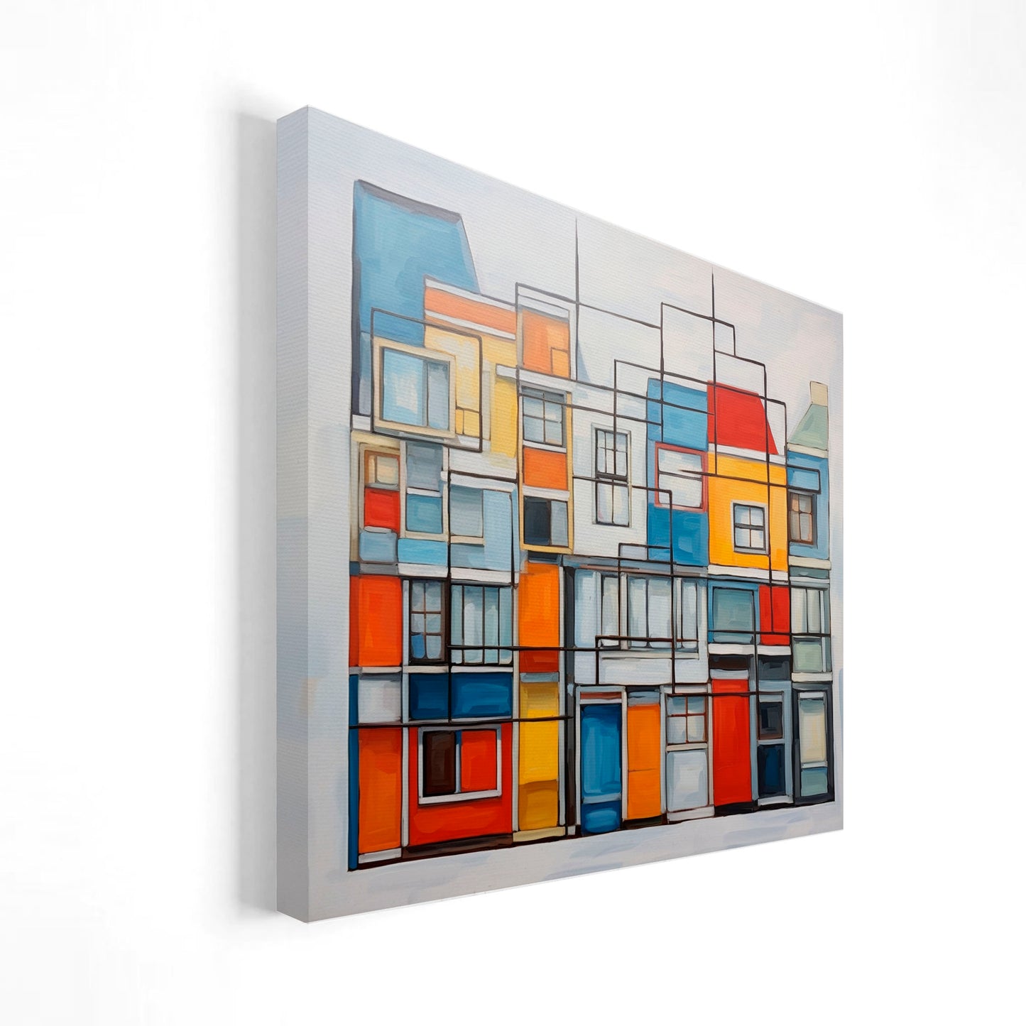 Ilustración abstracta de casas con formas geométricas y colores vibrantes, fusionando arte y arquitectura.