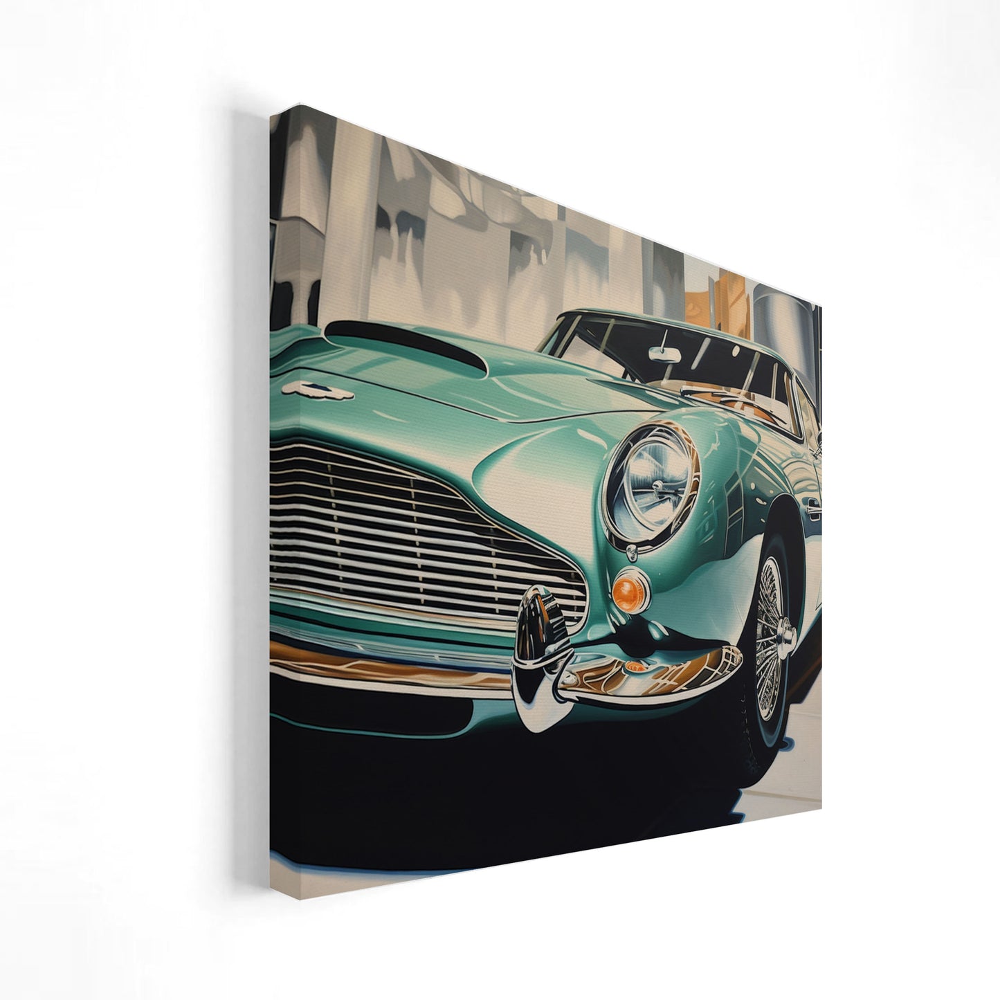 Imagen de un automóvil clásico Aston Martin en color verde, destacando sus detalles elegantes y sofisticados