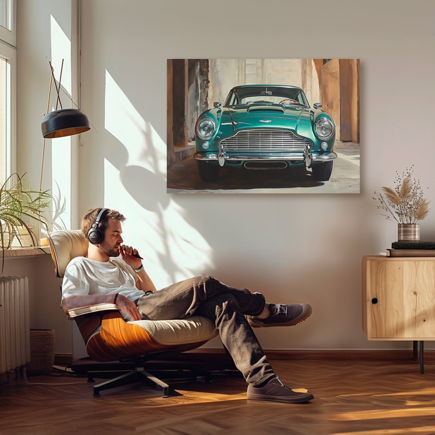 Imagen de un automóvil clásico Aston Martin en color verde, destacando sus detalles elegantes y sofisticados