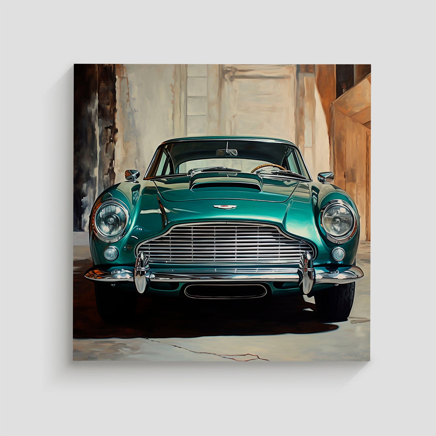 Imagen de un automóvil clásico Aston Martin en color verde, destacando sus detalles elegantes y sofisticados