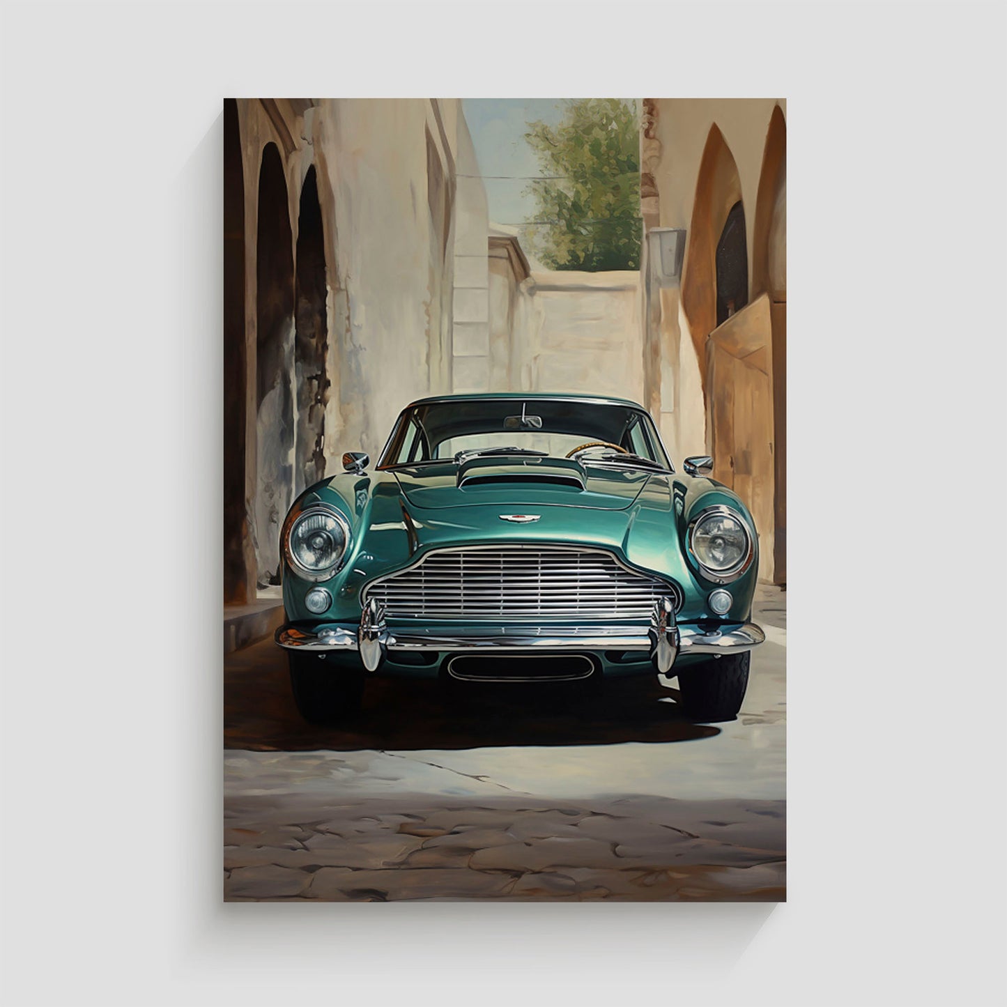 Imagen de un automóvil clásico Aston Martin en color verde, destacando sus detalles elegantes y sofisticados