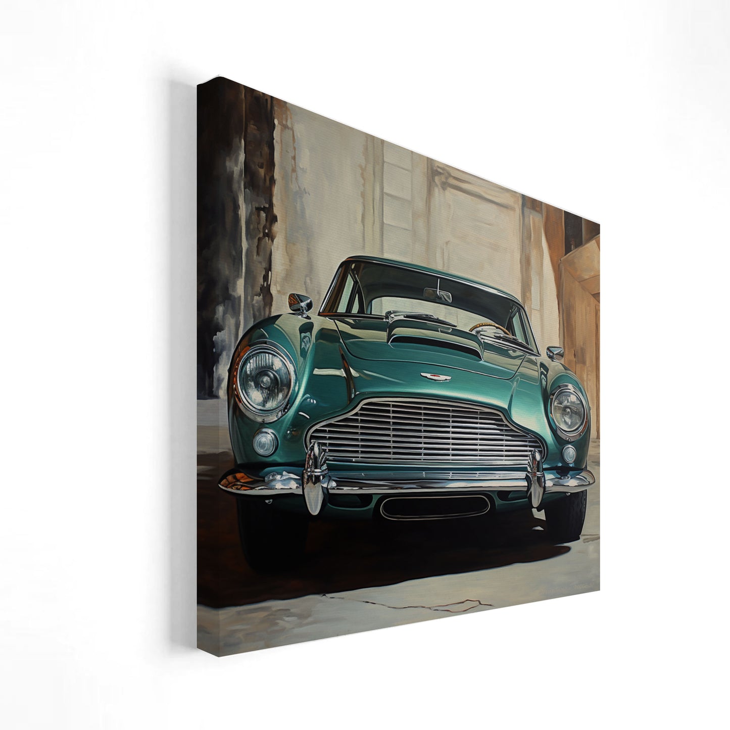 Imagen de un automóvil clásico Aston Martin en color verde, destacando sus detalles elegantes y sofisticados