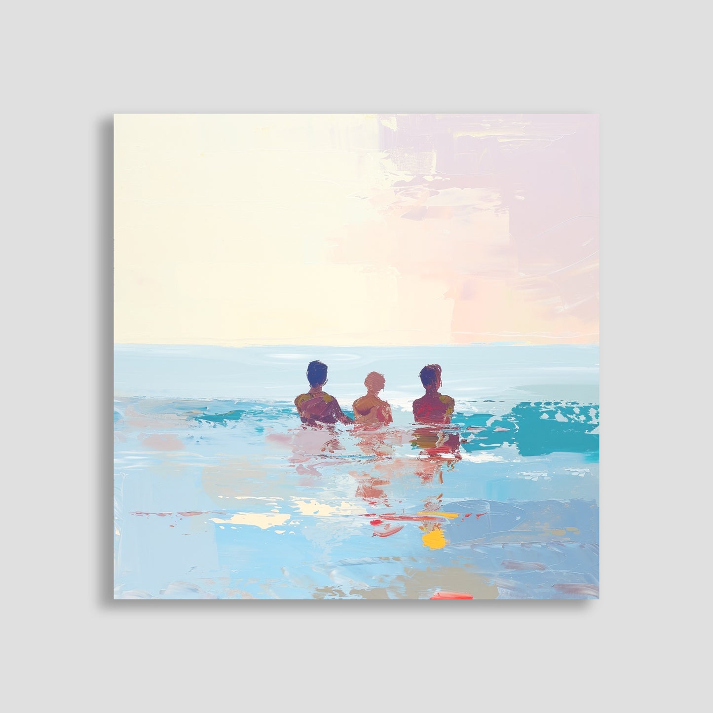 Pintura de tres personas relajándose en el mar bajo un cielo pastel.
