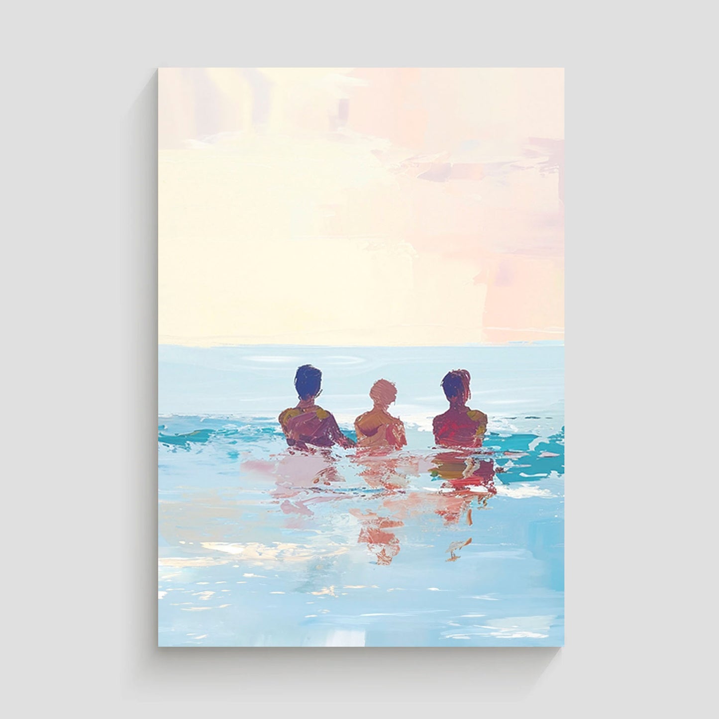 Pintura de tres personas relajándose en el mar bajo un cielo pastel.