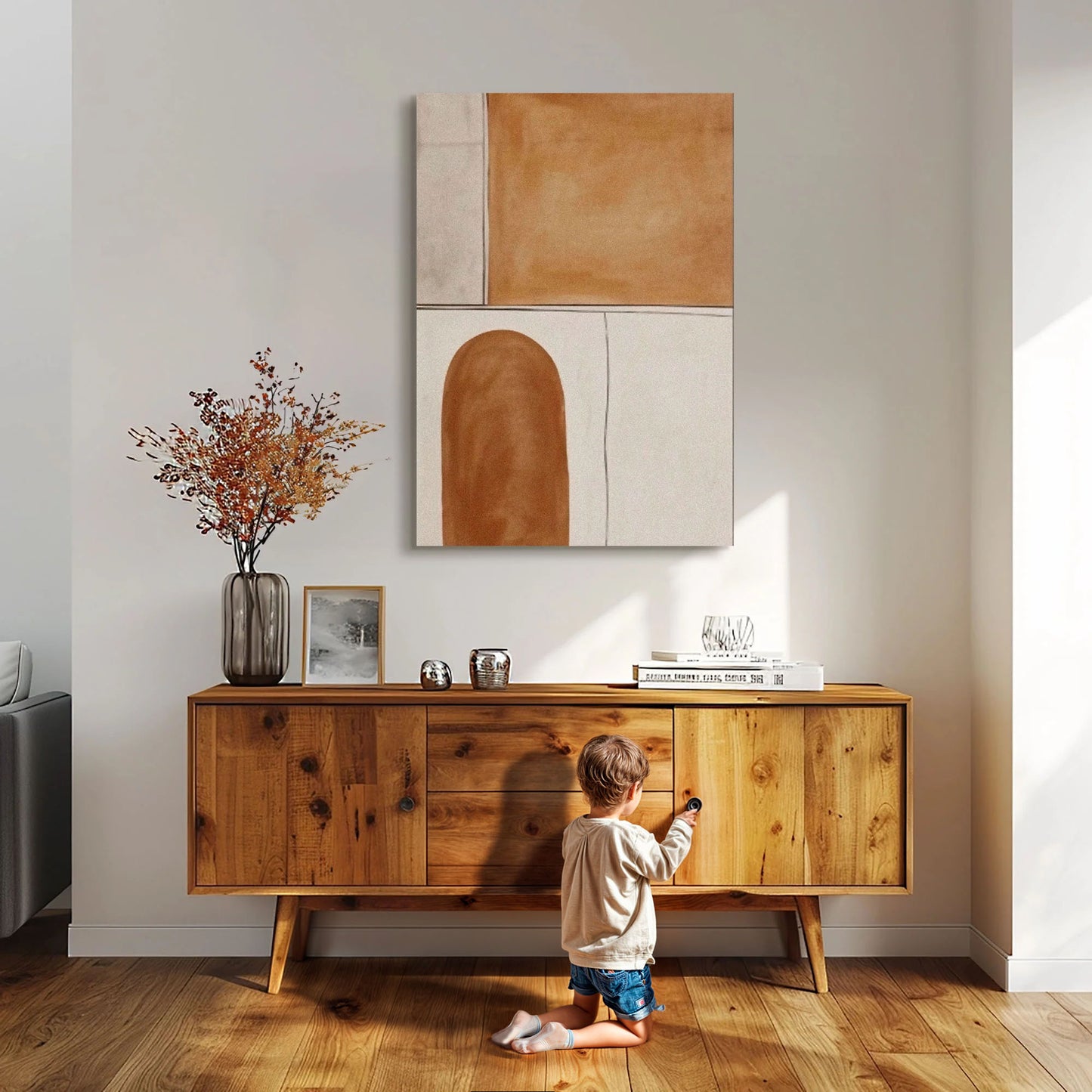 Elegante diseño abstracto en madera con tonos cálidos y texturas orgánicas naturales.