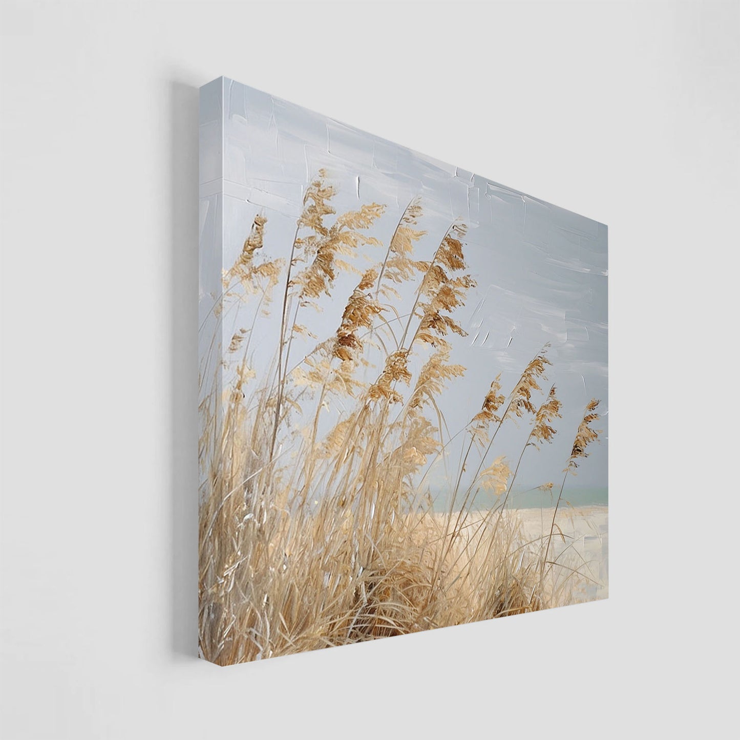 Pintura de una playa con hierba seca meciéndose al viento y un paisaje costero en tonos suaves.