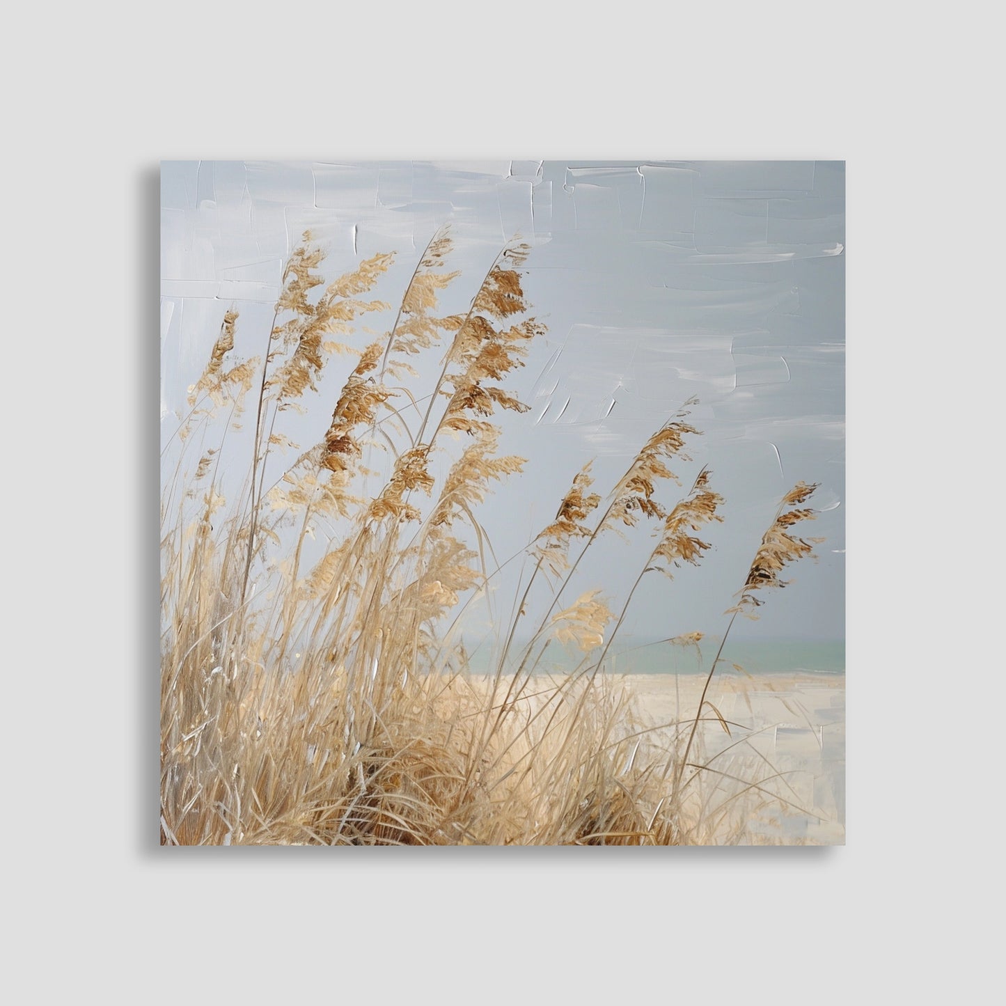Pintura de una playa con hierba seca meciéndose al viento y un paisaje costero en tonos suaves.