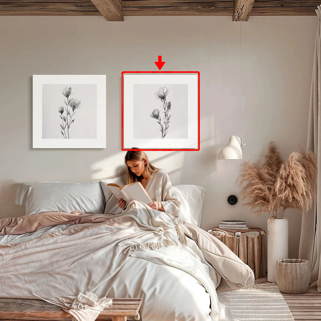 Dibujo minimalista en blanco y negro de una flor solitaria con pétalos delicados. La obra destaca por su simplicidad y elegancia, ideal para decoración moderna de interiores que buscan un toque sutil y sofisticado.