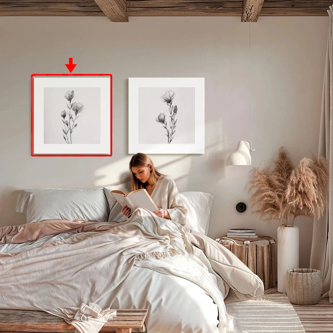 Dibujo minimalista en blanco y negro de una flor solitaria con pétalos delicados. La obra destaca por su simplicidad y elegancia, ideal para decoración moderna de interiores que buscan un toque sutil y sofisticado.