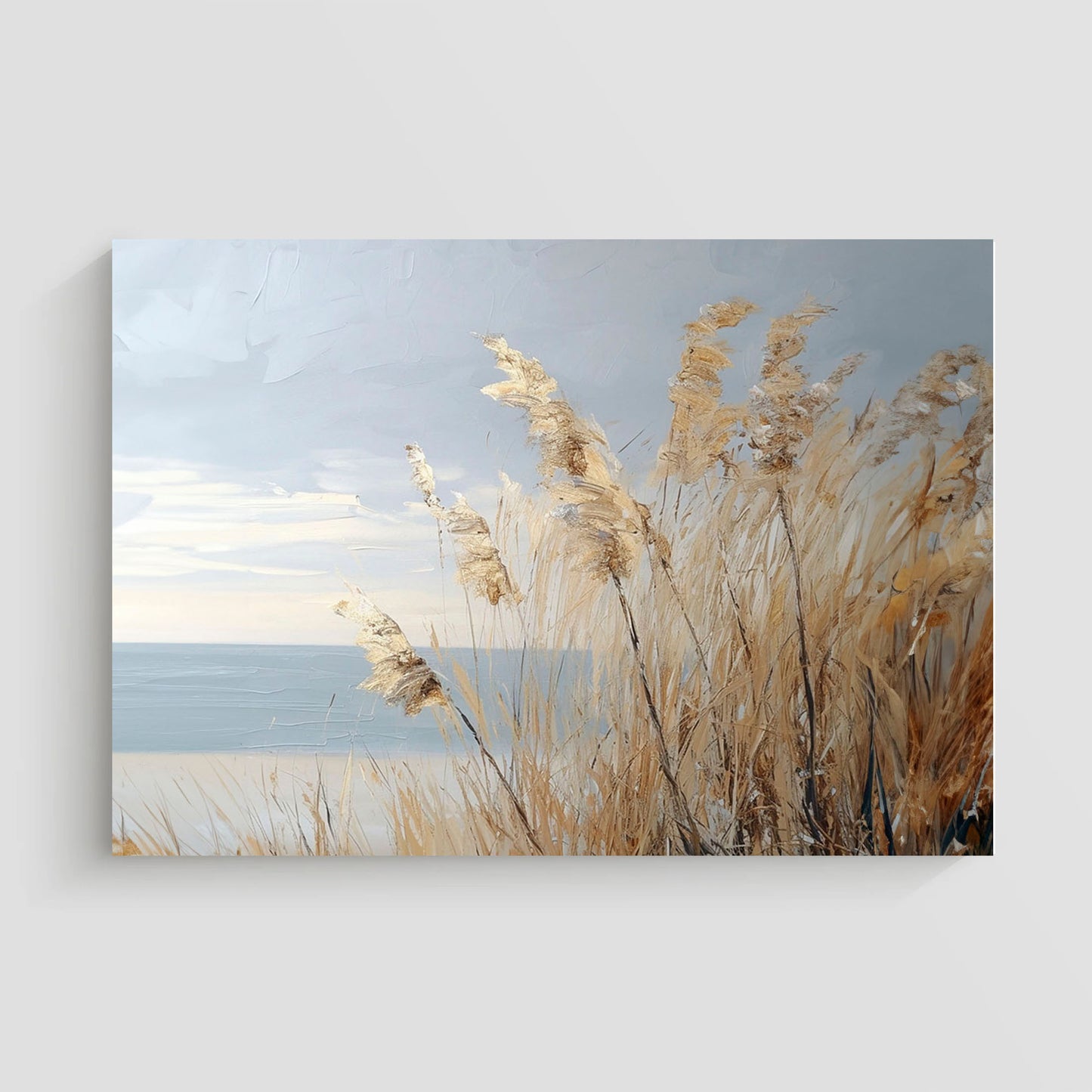 Pintura de una playa con hierba seca meciéndose al viento y un paisaje costero en tonos suaves.