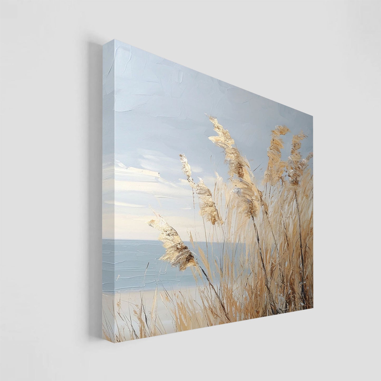 Pintura de una playa con hierba seca meciéndose al viento y un paisaje costero en tonos suaves.