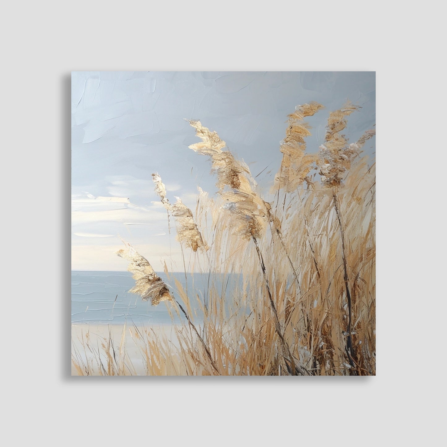 Pintura de una playa con hierba seca meciéndose al viento y un paisaje costero en tonos suaves.