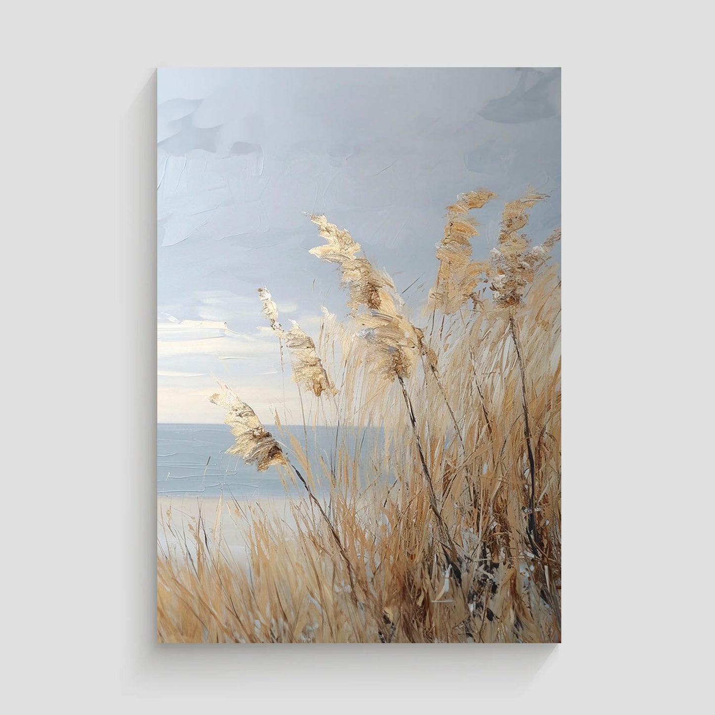 Pintura de una playa con hierba seca meciéndose al viento y un paisaje costero en tonos suaves.